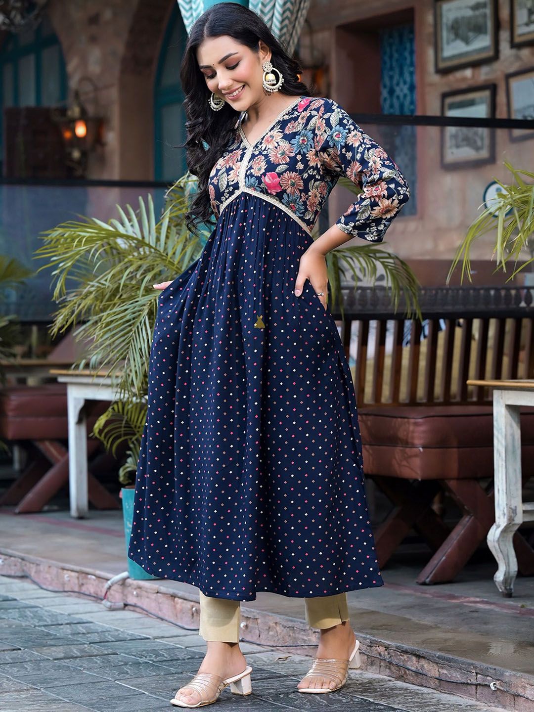 Label Khoj Women Rayon print A line Alia kurta with Pocket