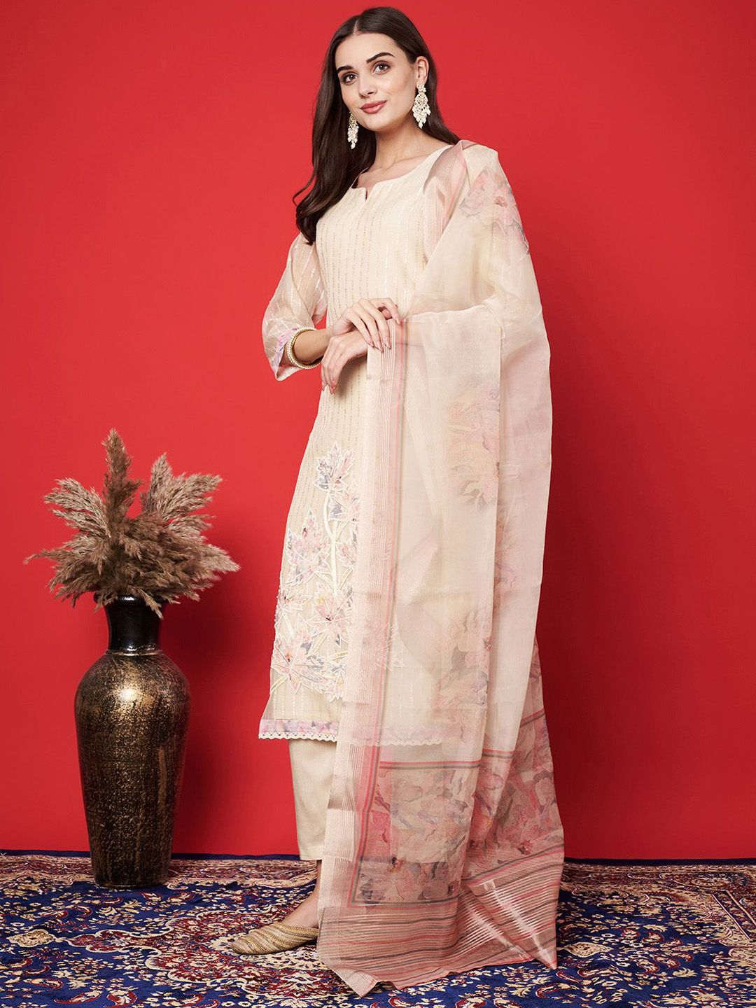 Label khoj chanderi Silk kurta with bottom and dupptta setPeach Color
