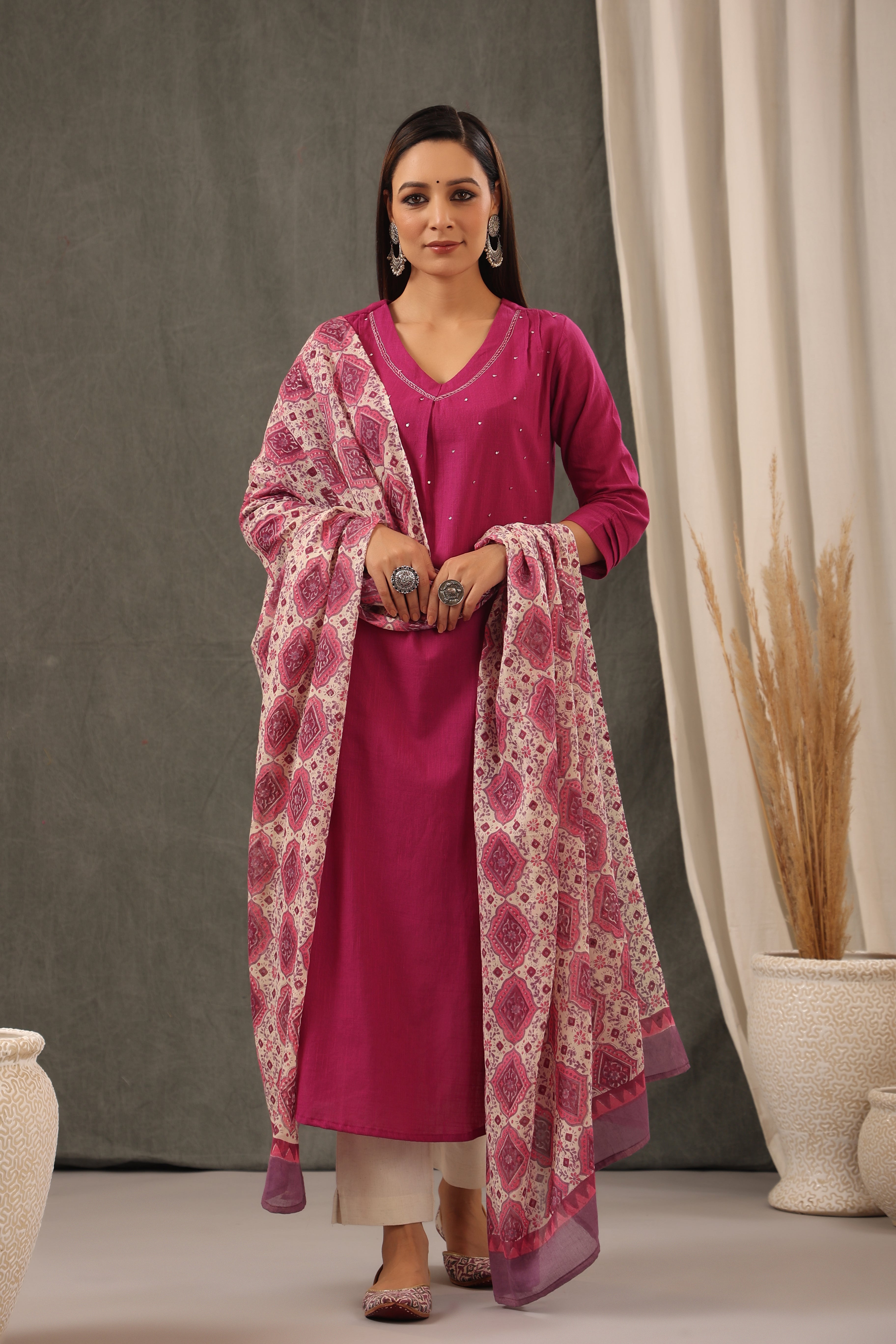 Magenta Pink  Kurta And Dupatta Set