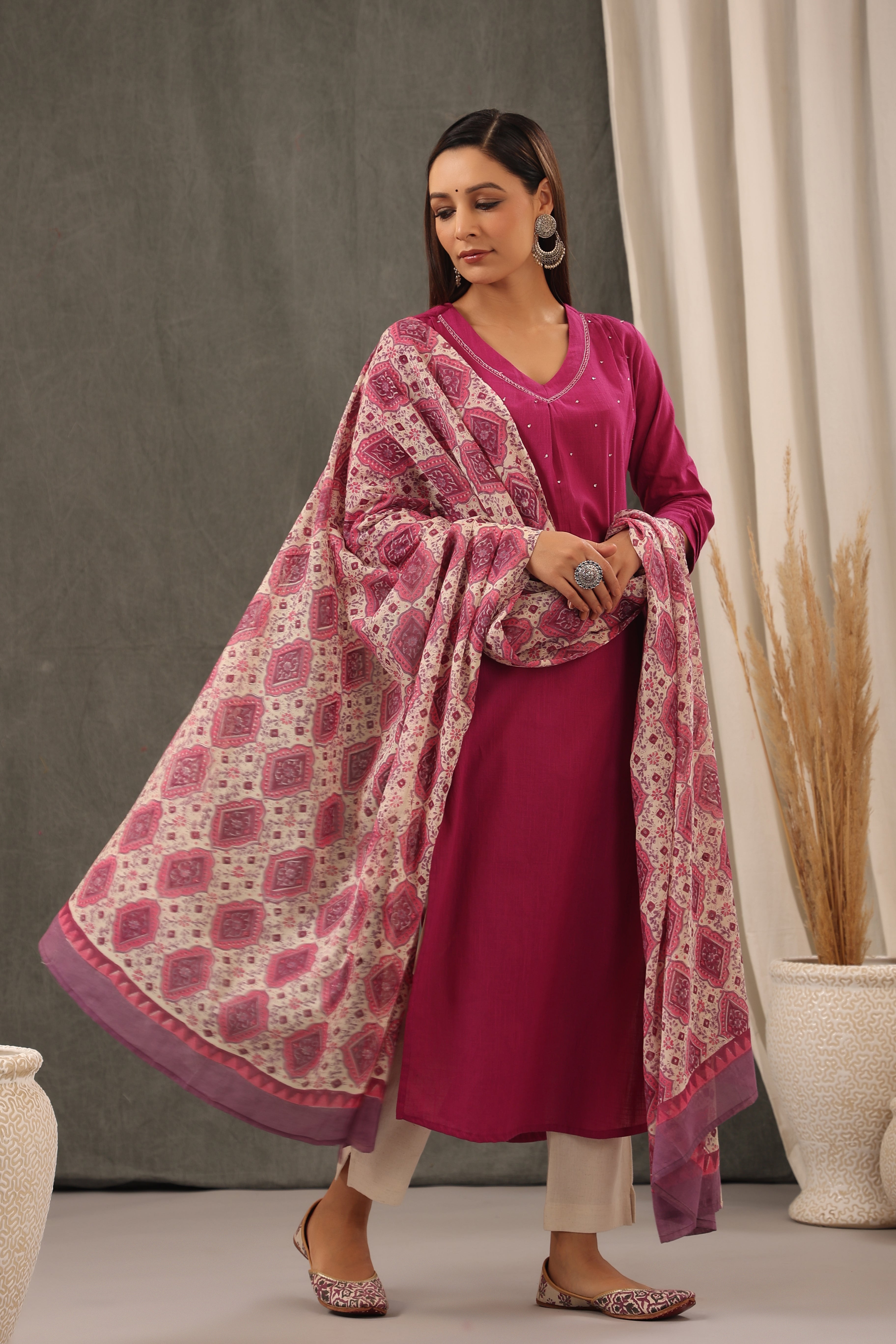 Magenta Pink  Kurta And Dupatta Set