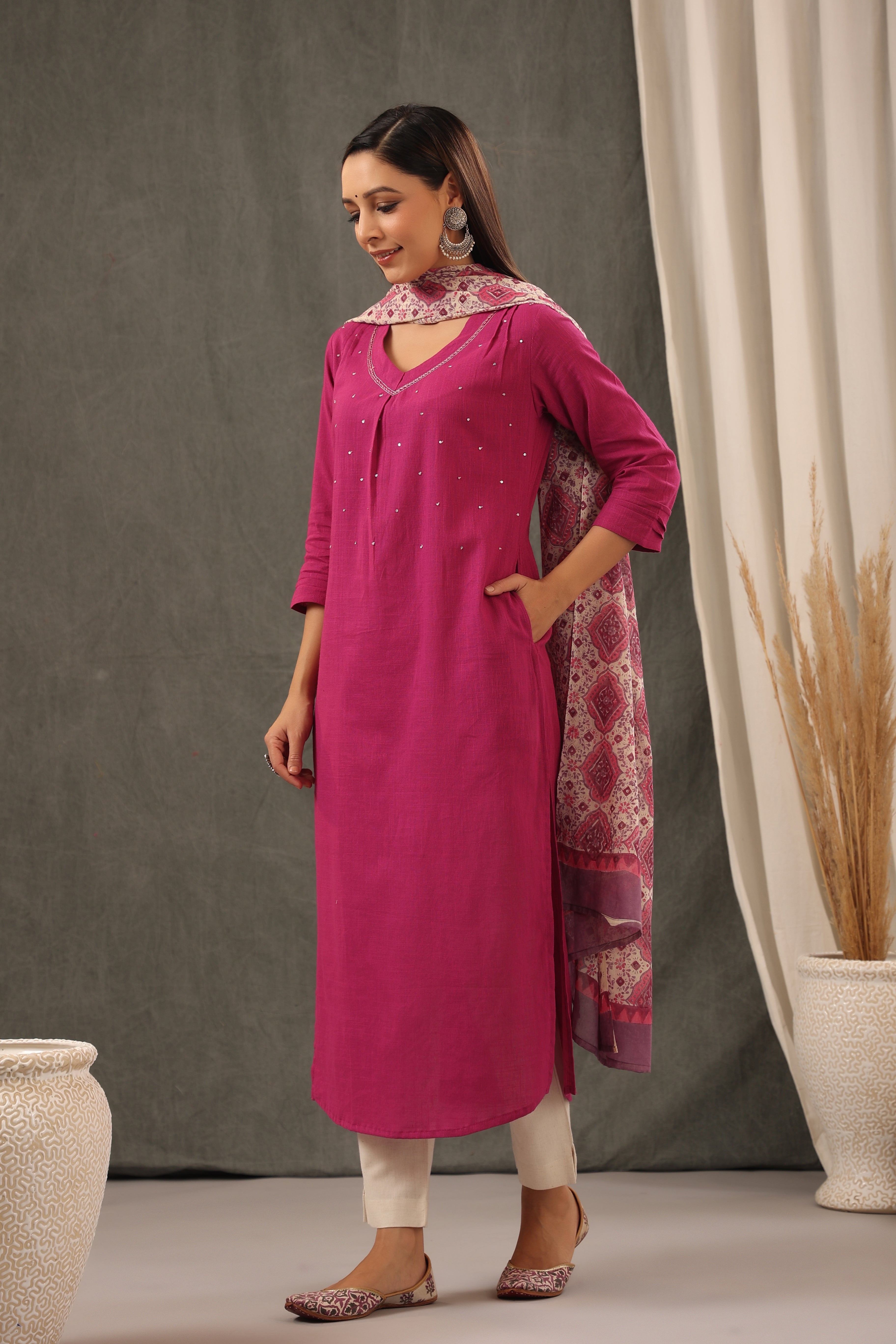 Magenta Pink  Kurta And Dupatta Set