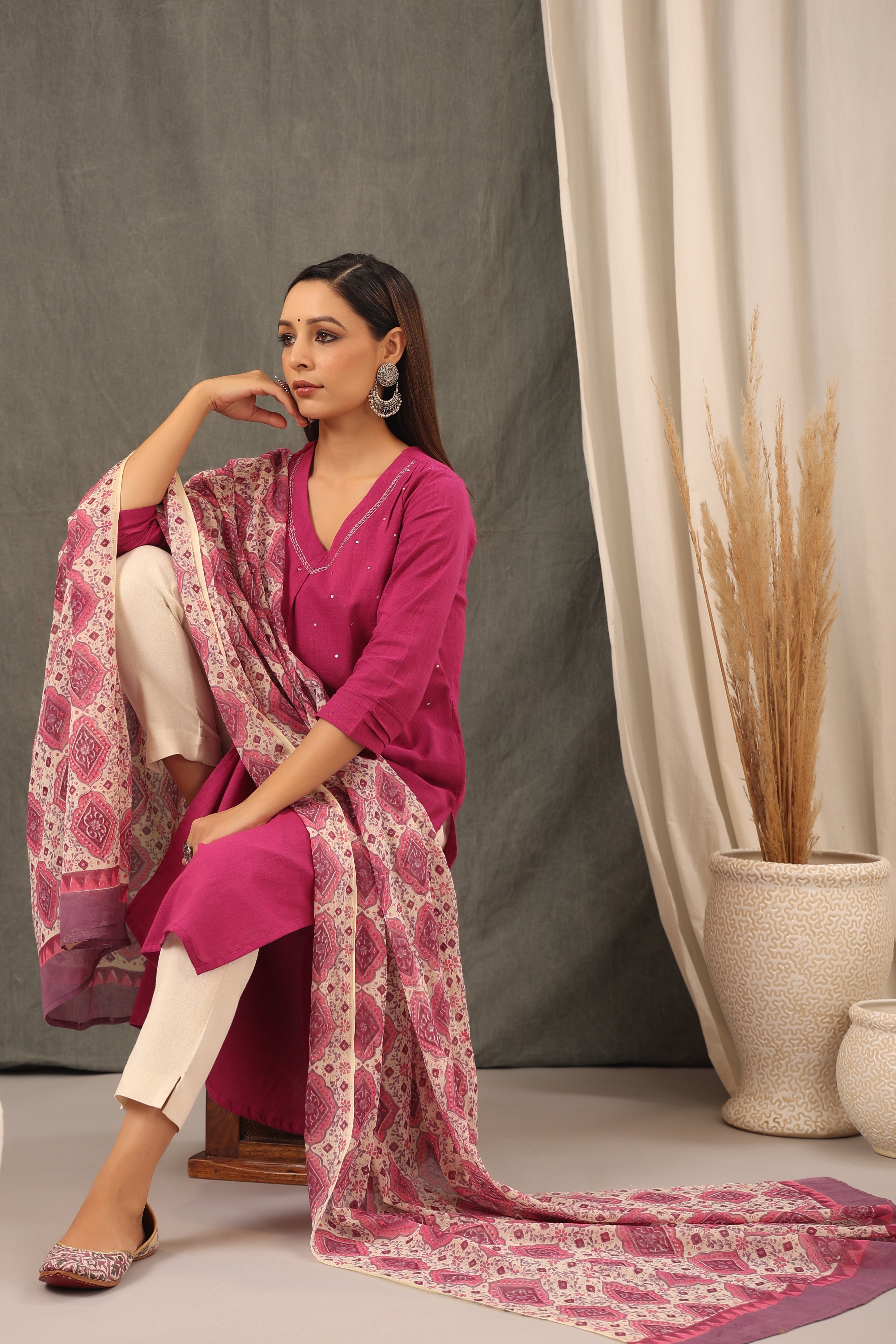 Magenta Pink  Kurta And Dupatta Set