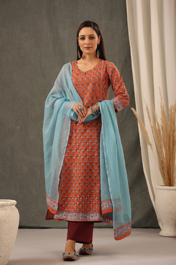 Shuddhi Bric Red And Saphire Blue Kurta And Duppatta Set