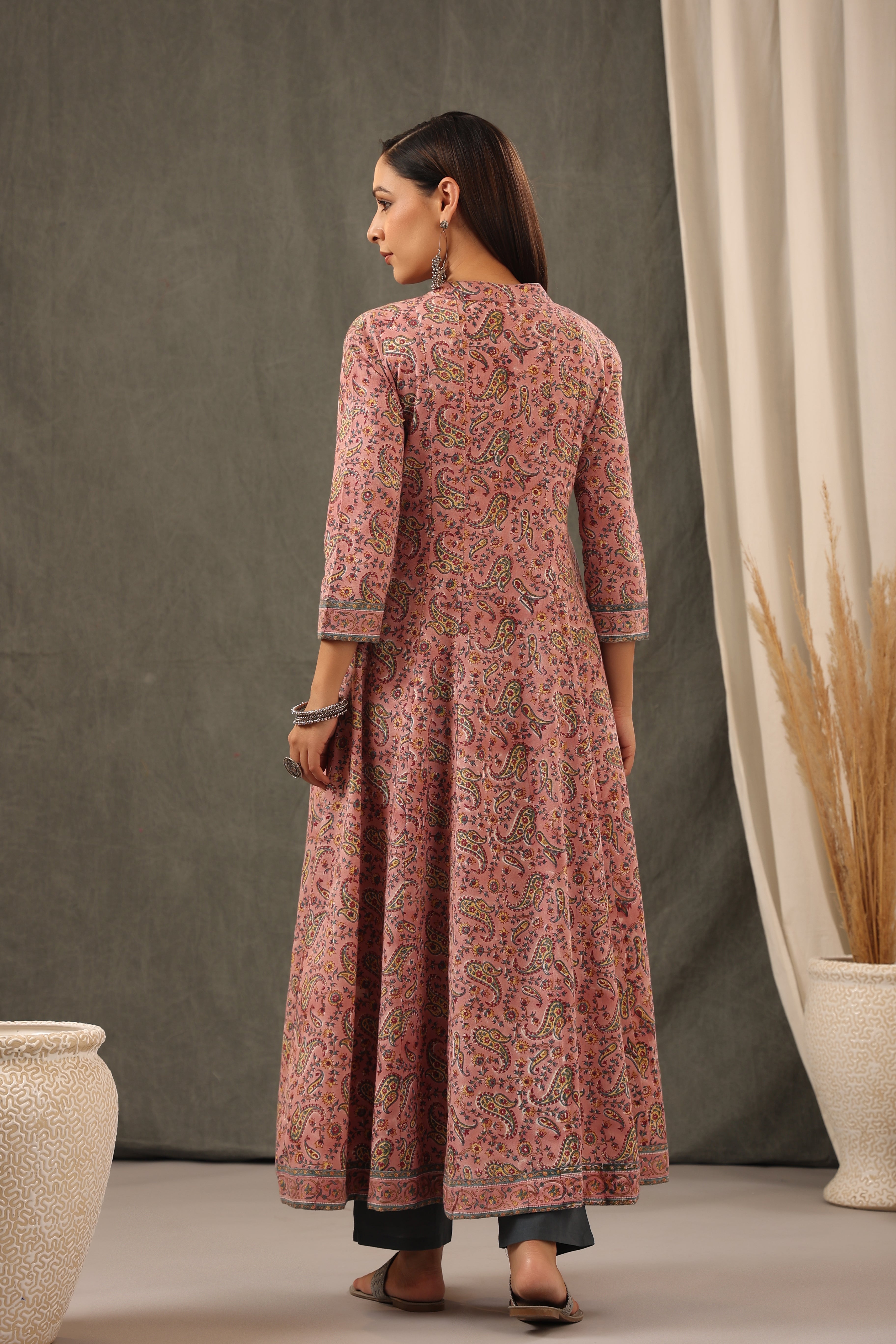 Handblock Printed Crepe Pink Anarkali