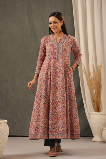 Handblock Printed Crepe Pink Anarkali