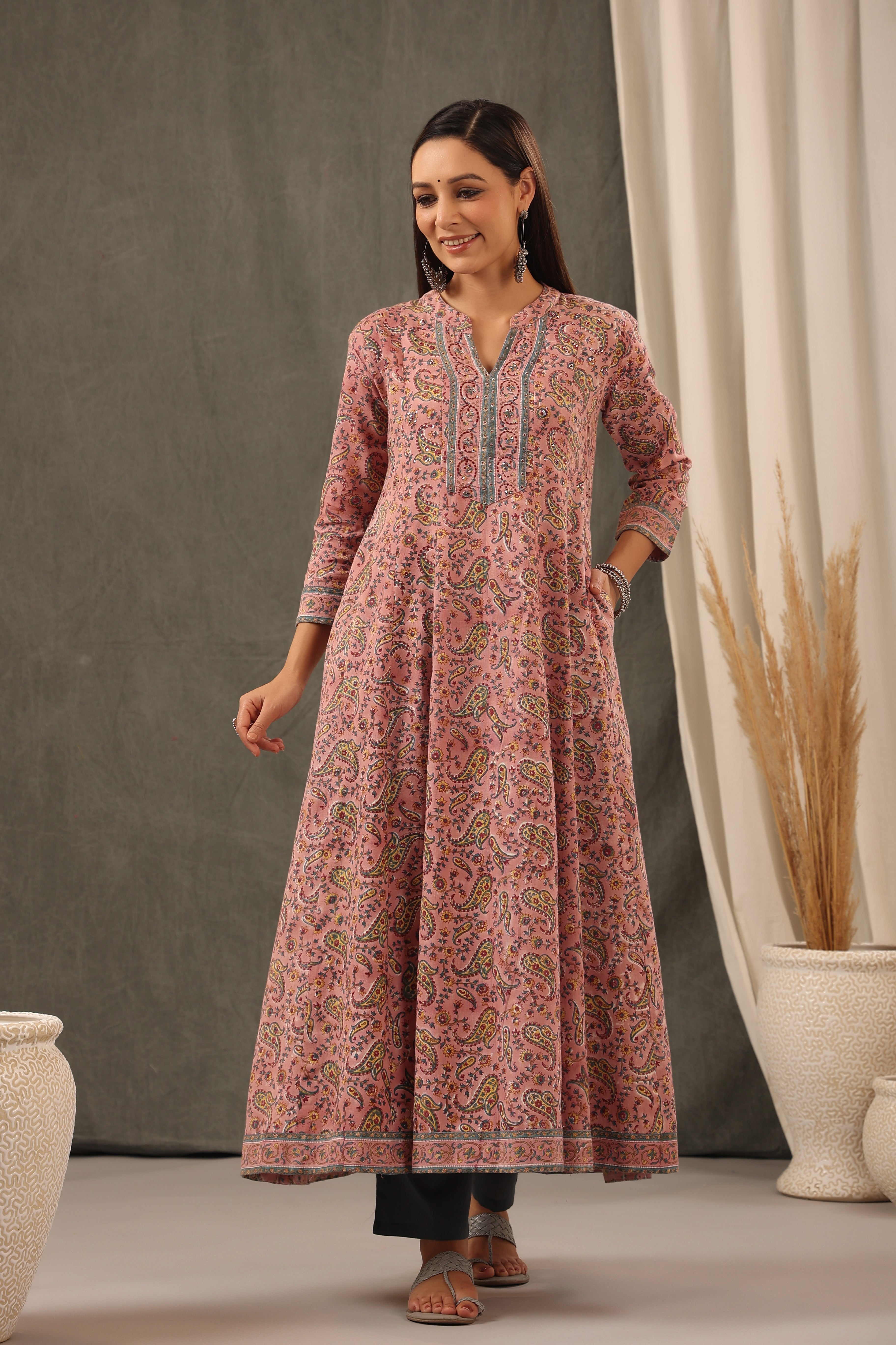 Handblock Printed Crepe Pink Anarkali