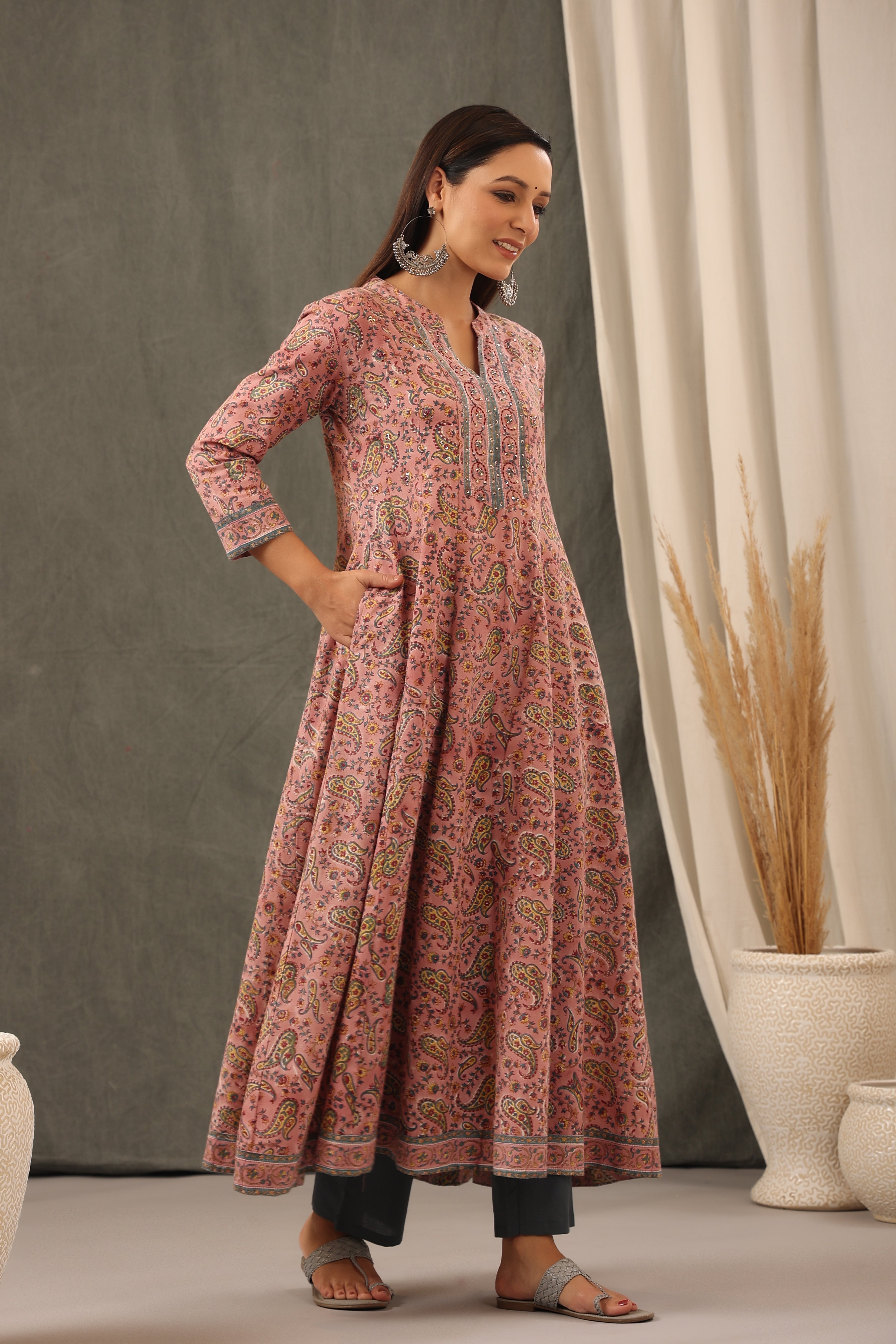 Handblock Printed Crepe Pink Anarkali