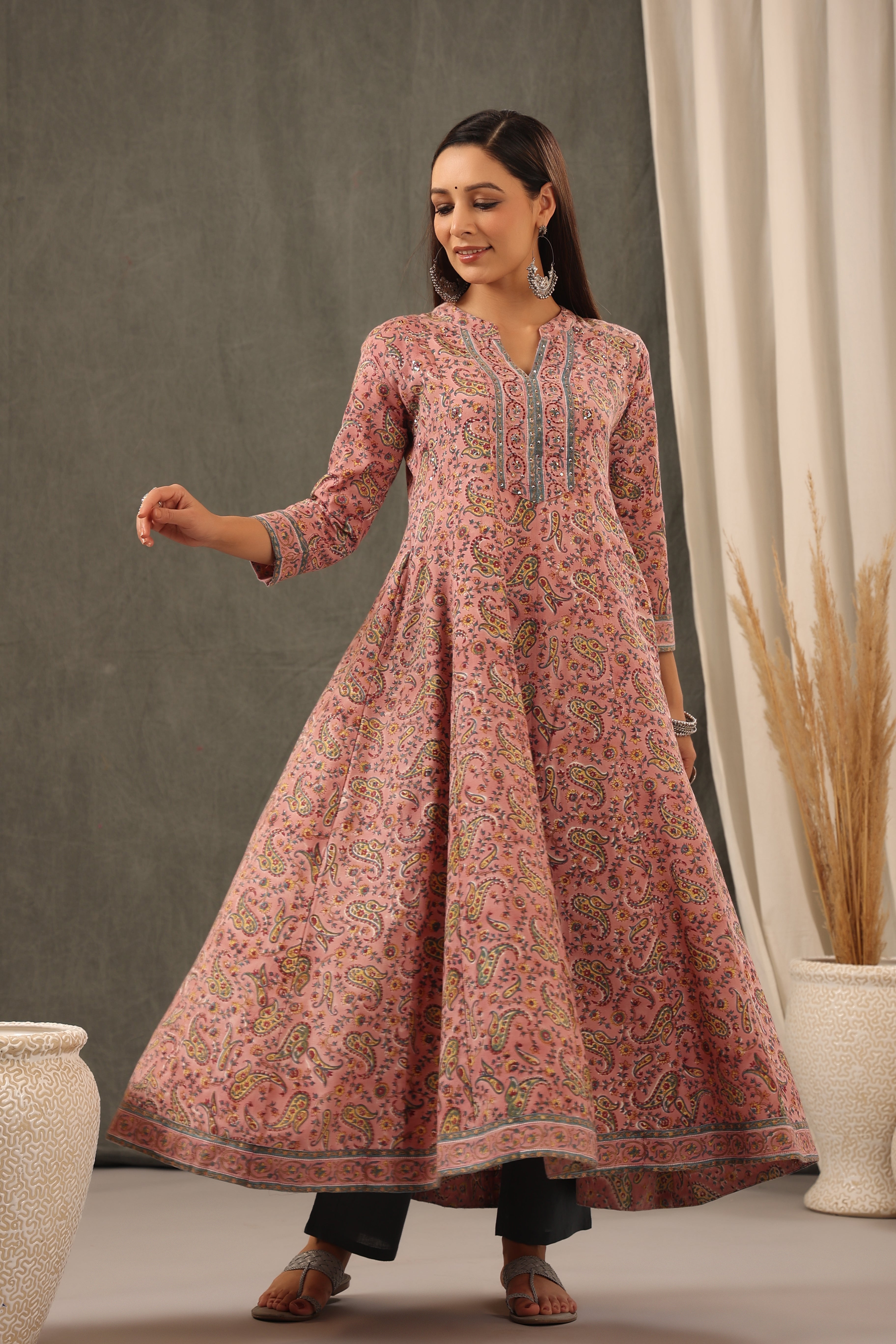 Handblock Printed Crepe Pink Anarkali