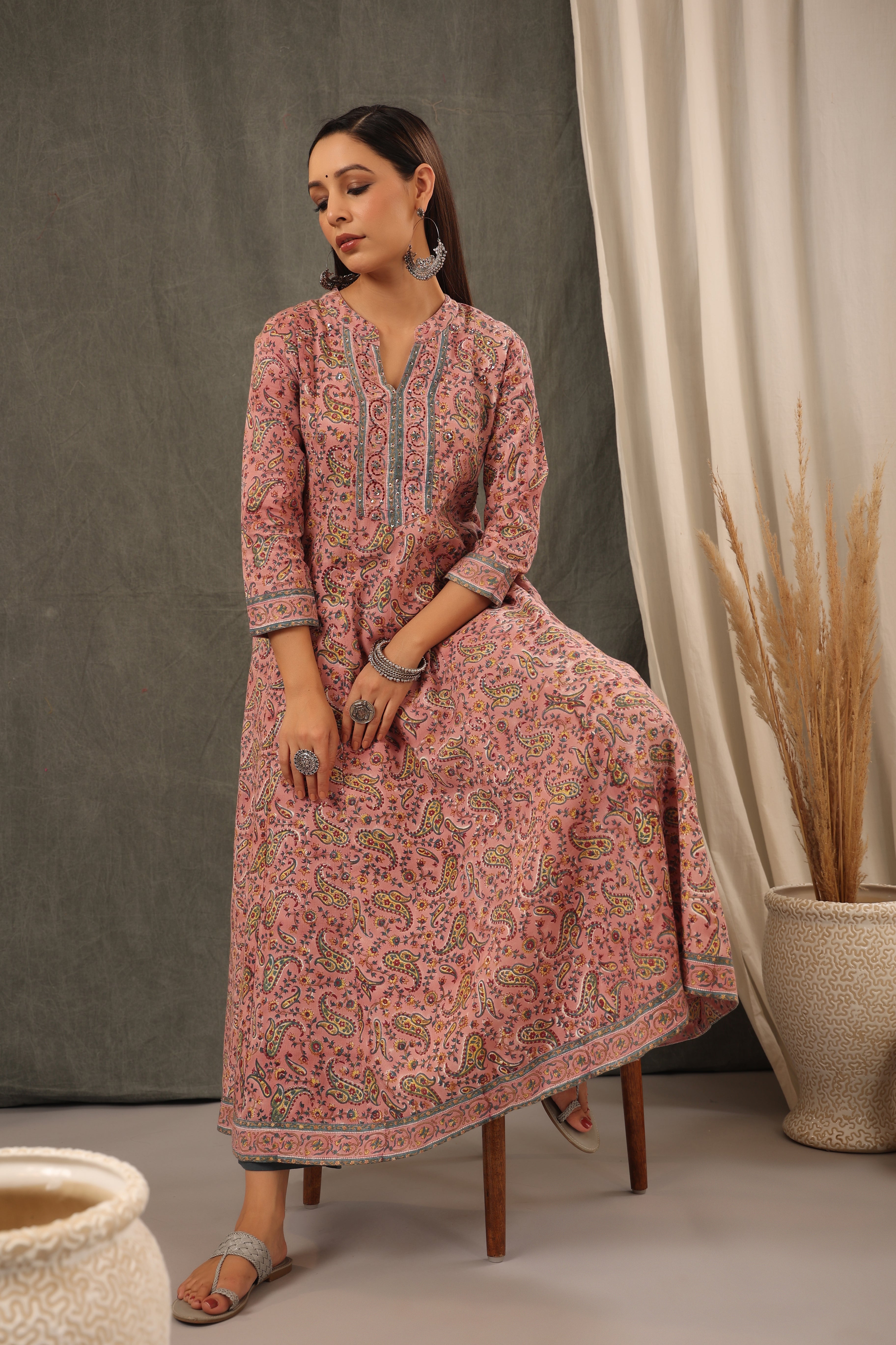 Handblock Printed Crepe Pink Anarkali