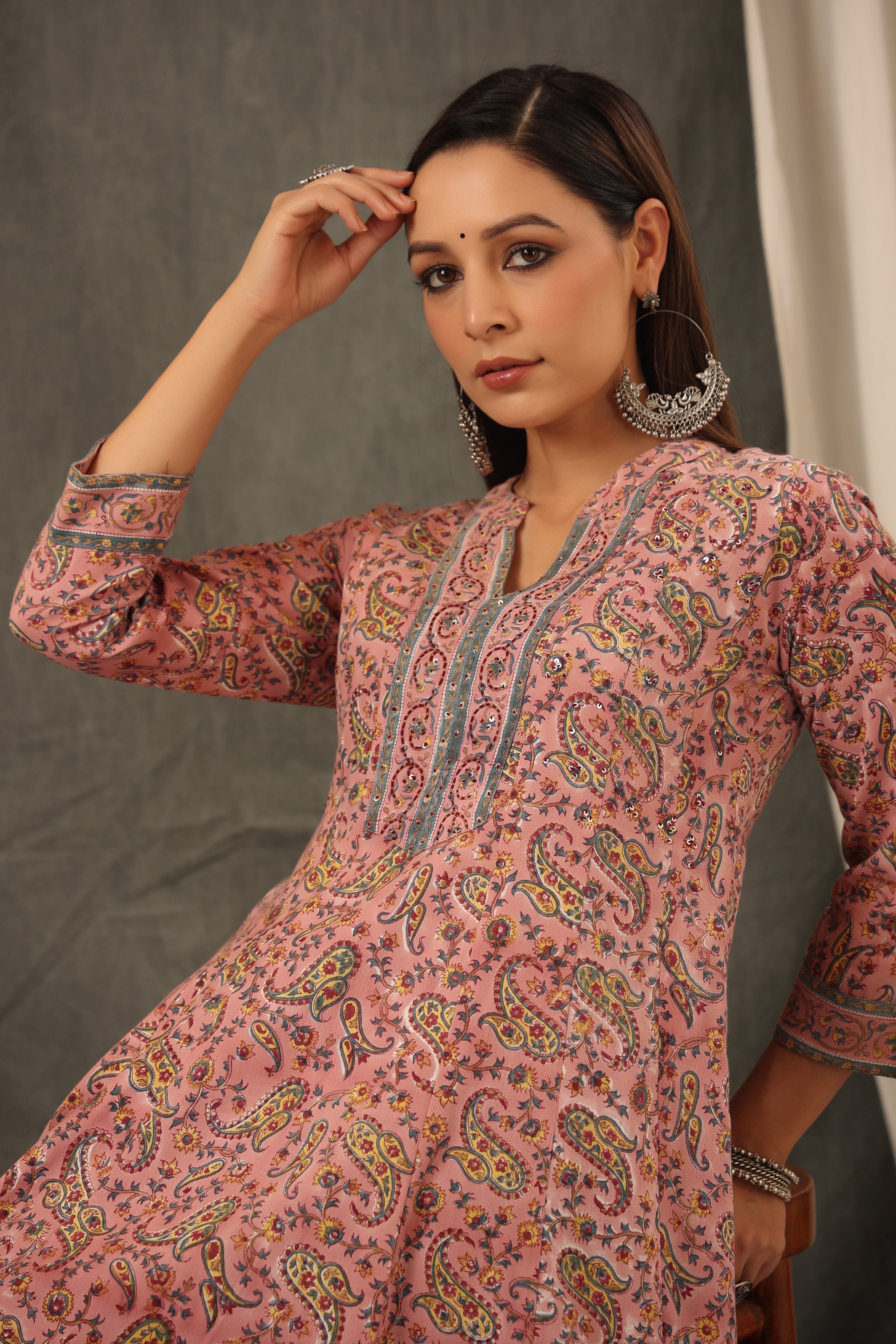 Handblock Printed Crepe Pink Anarkali