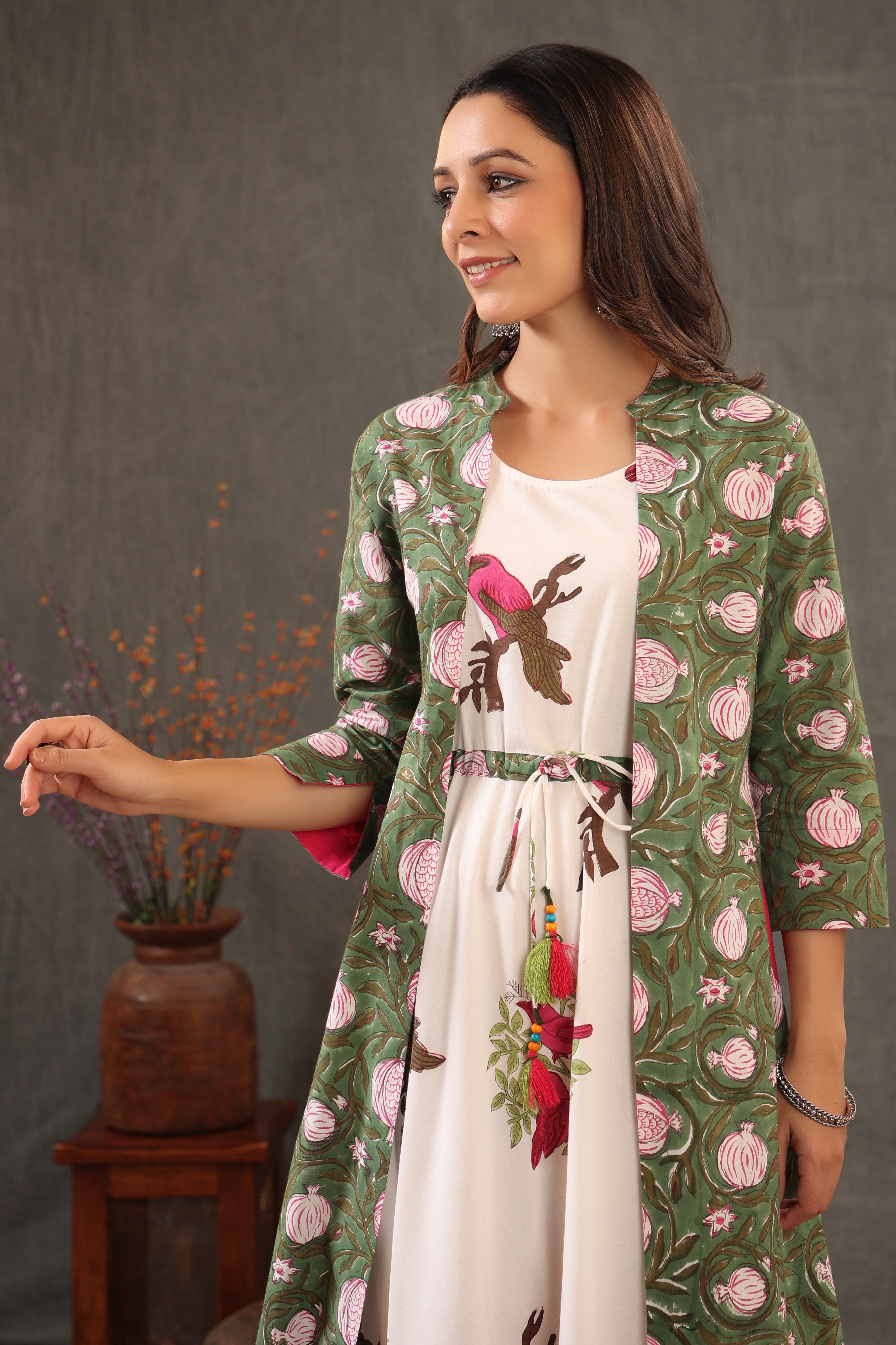 Parrot Green and Fuscia pink double layered dress