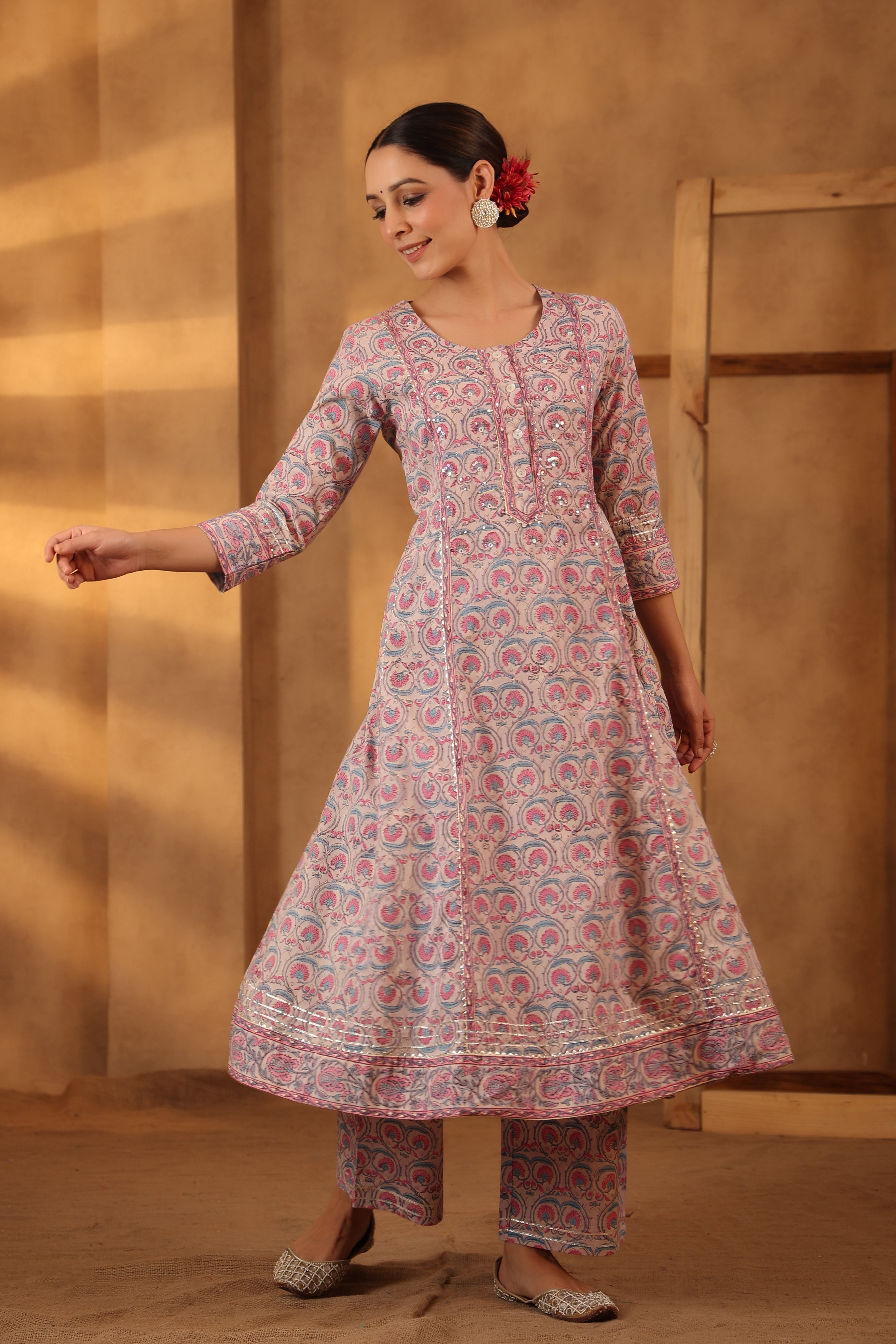 Ballerina Pink Hand block printed Cotton Kurta And Pant