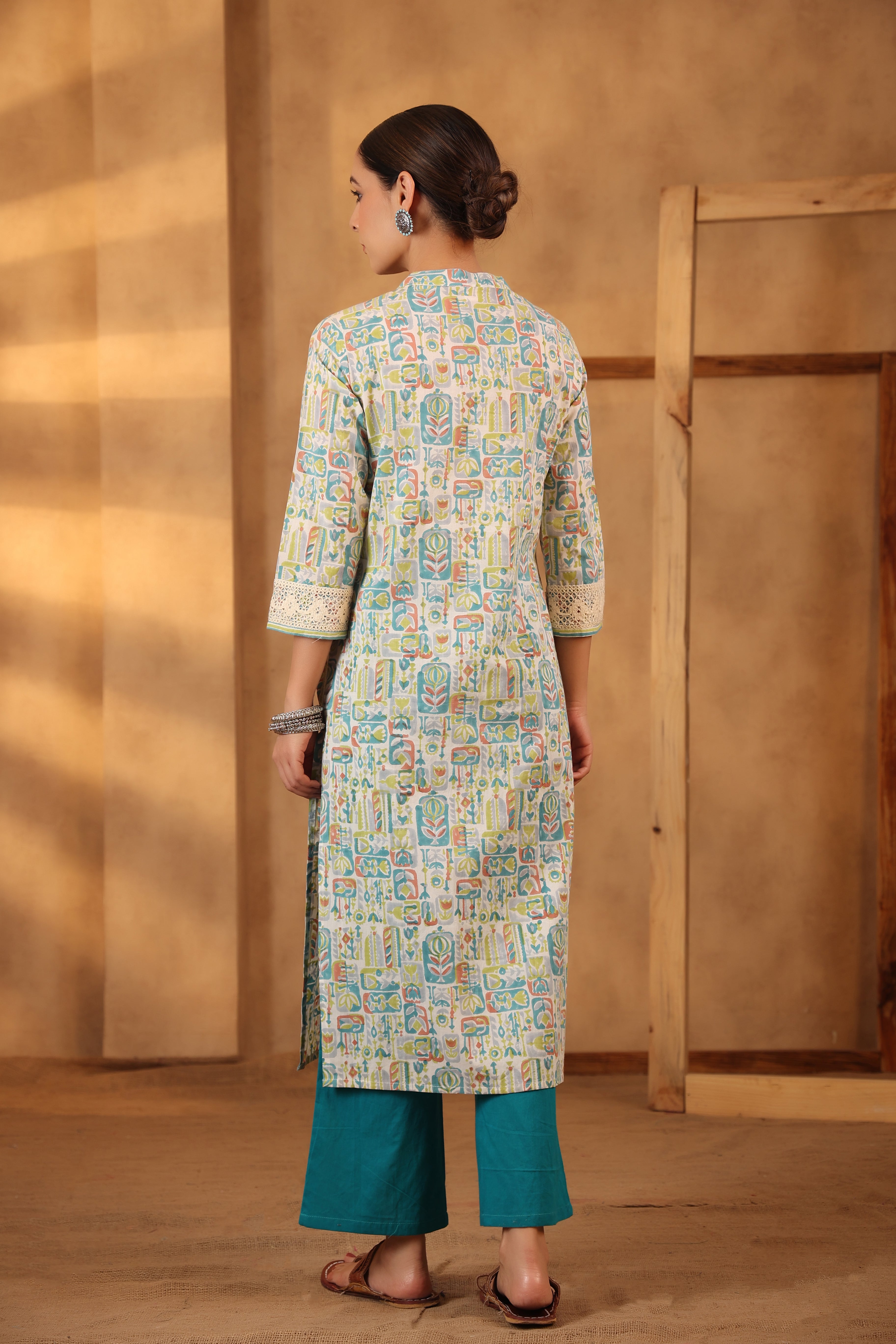 Cerulean Blue with teal green straight kurta