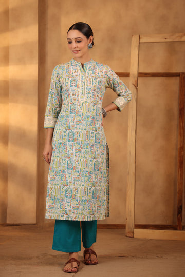Cerulean Blue with teal green straight kurta