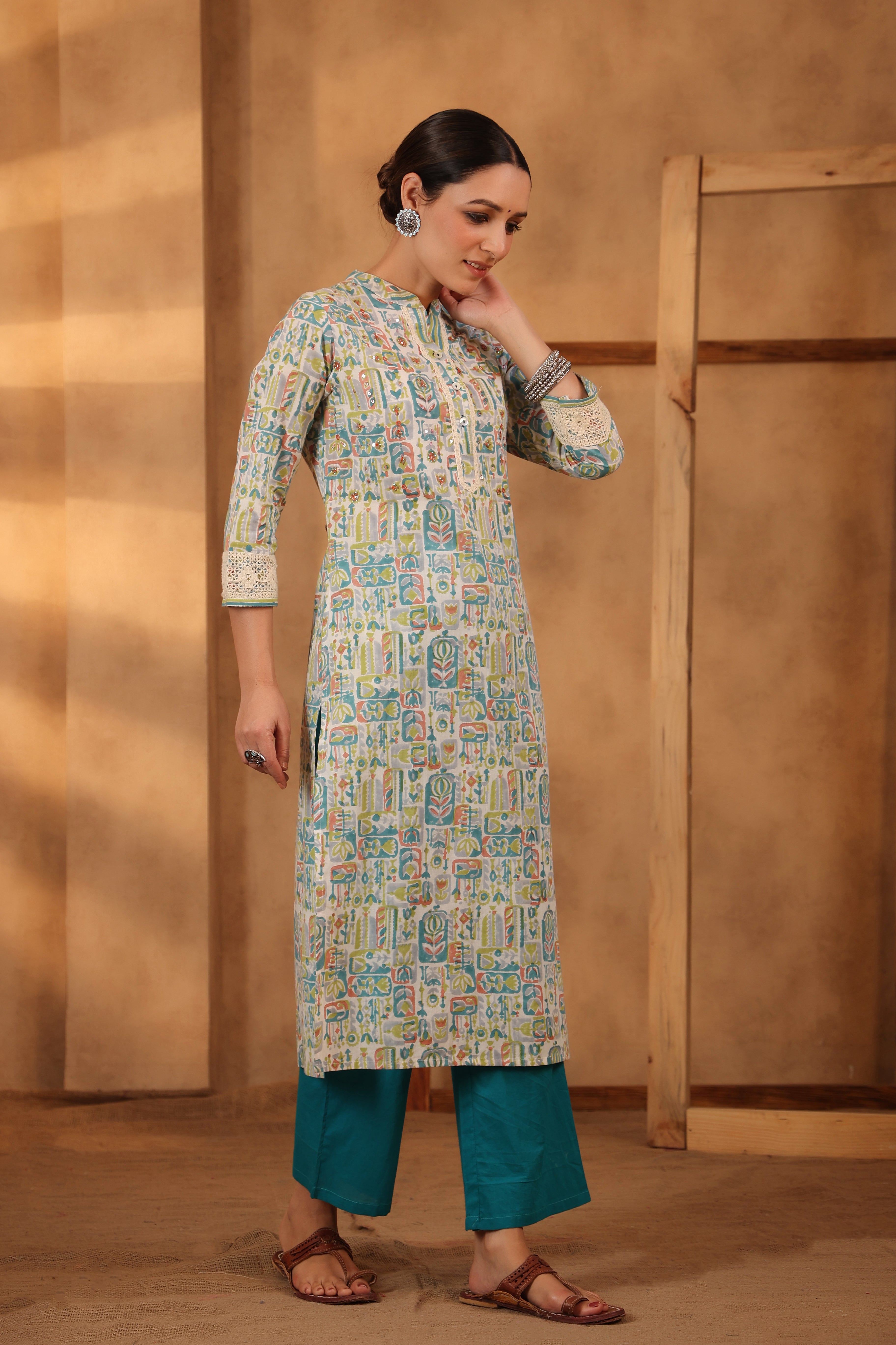 Cerulean Blue with teal green straight kurta