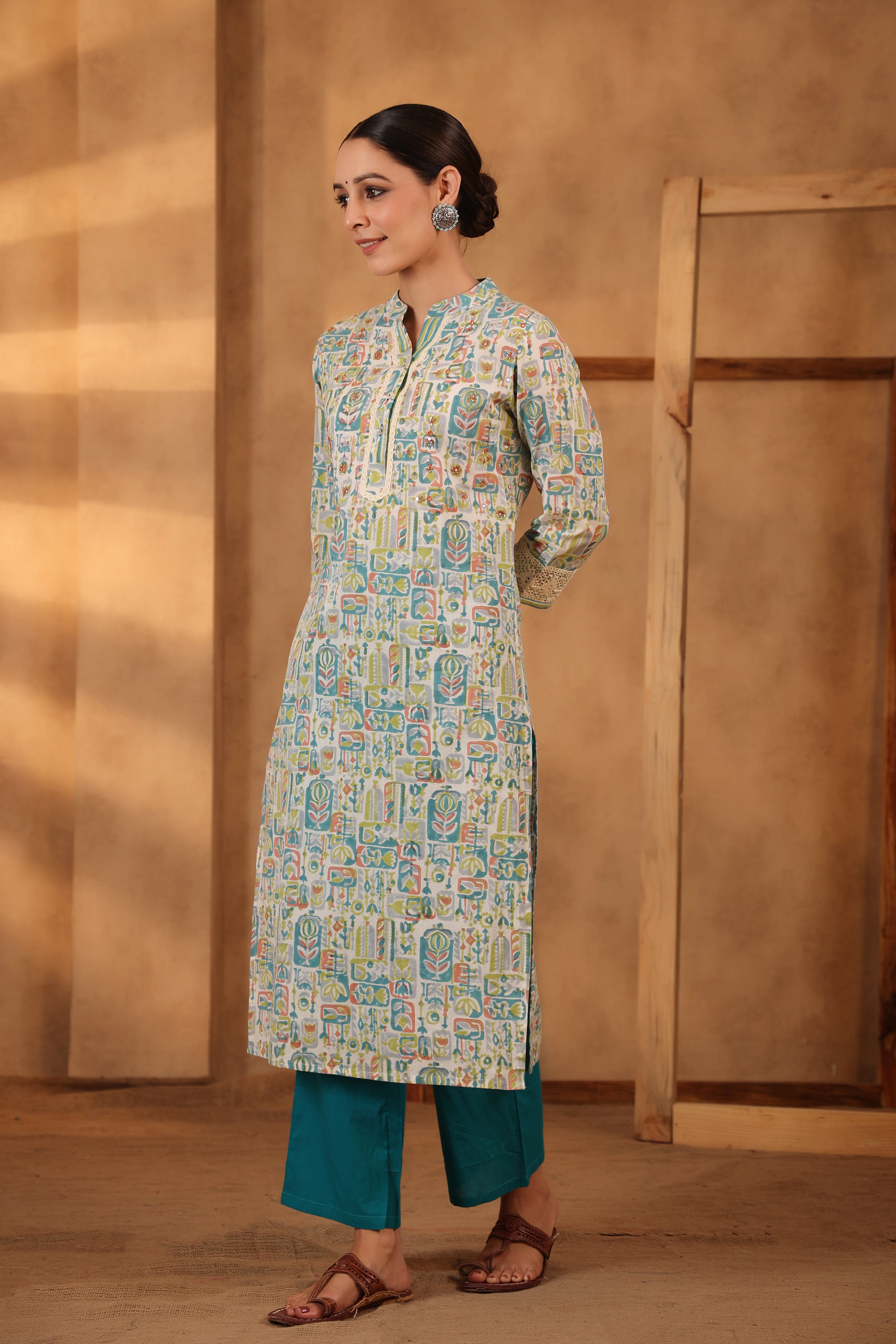 Cerulean Blue with teal green straight kurta