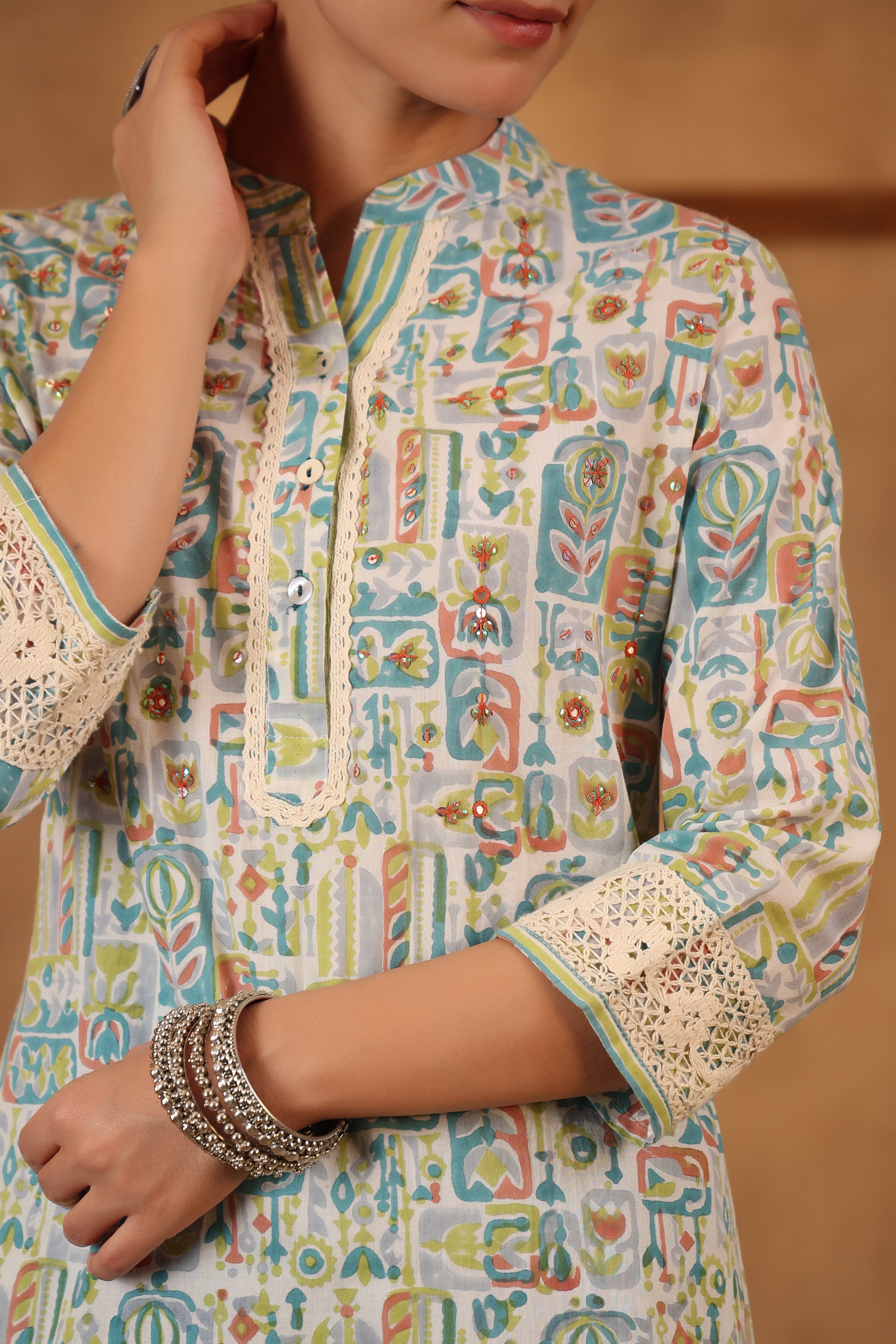 Cerulean Blue with teal green straight kurta