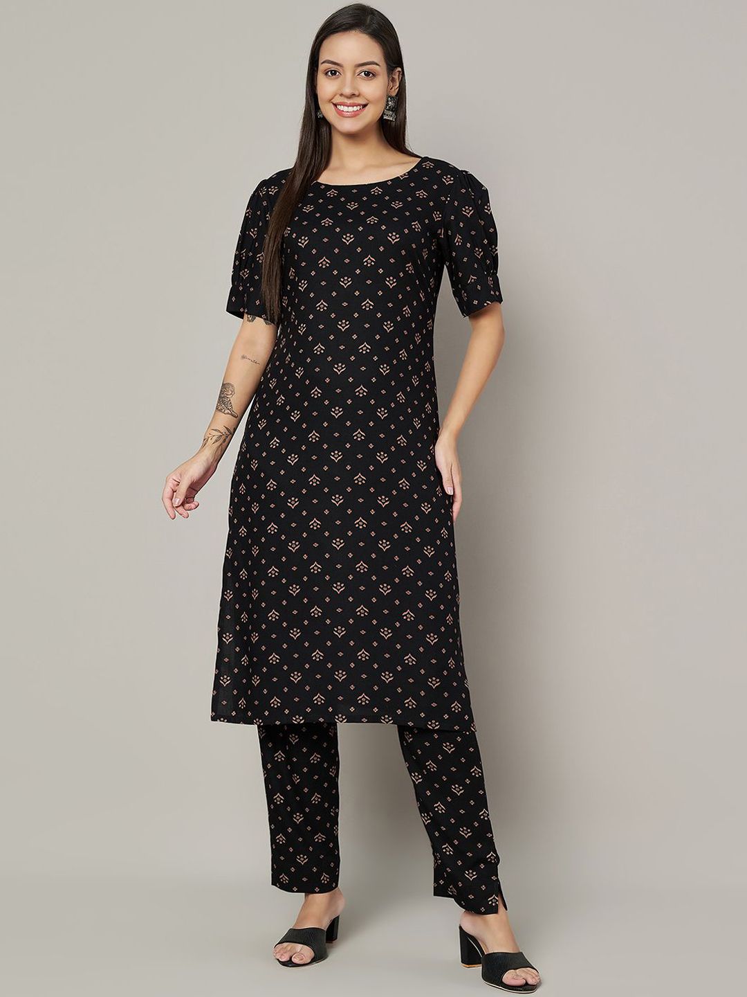 Label Khoj Womens Black Rayon Printed Coord Set