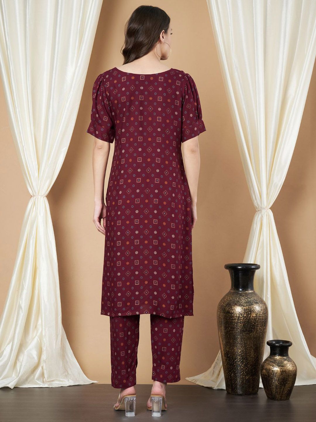 Label Khoj Women's Maroon Printed Rayon Cord Set