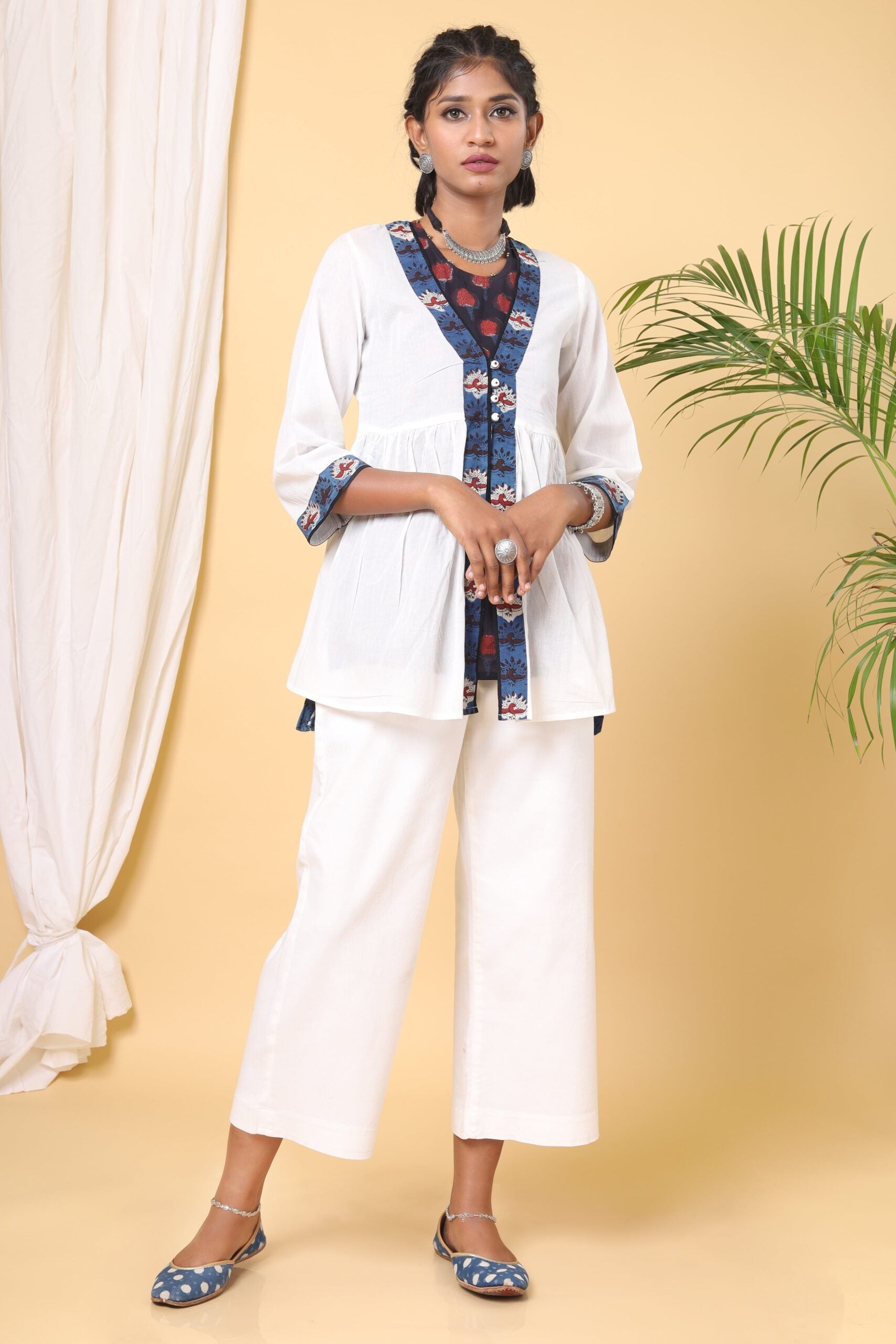 White and Indigo Handblock Printed Tier Short Top