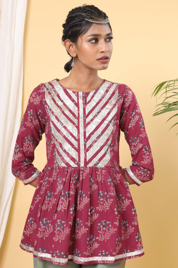 Wine Colour Gota Detailed Handblock Printed Top