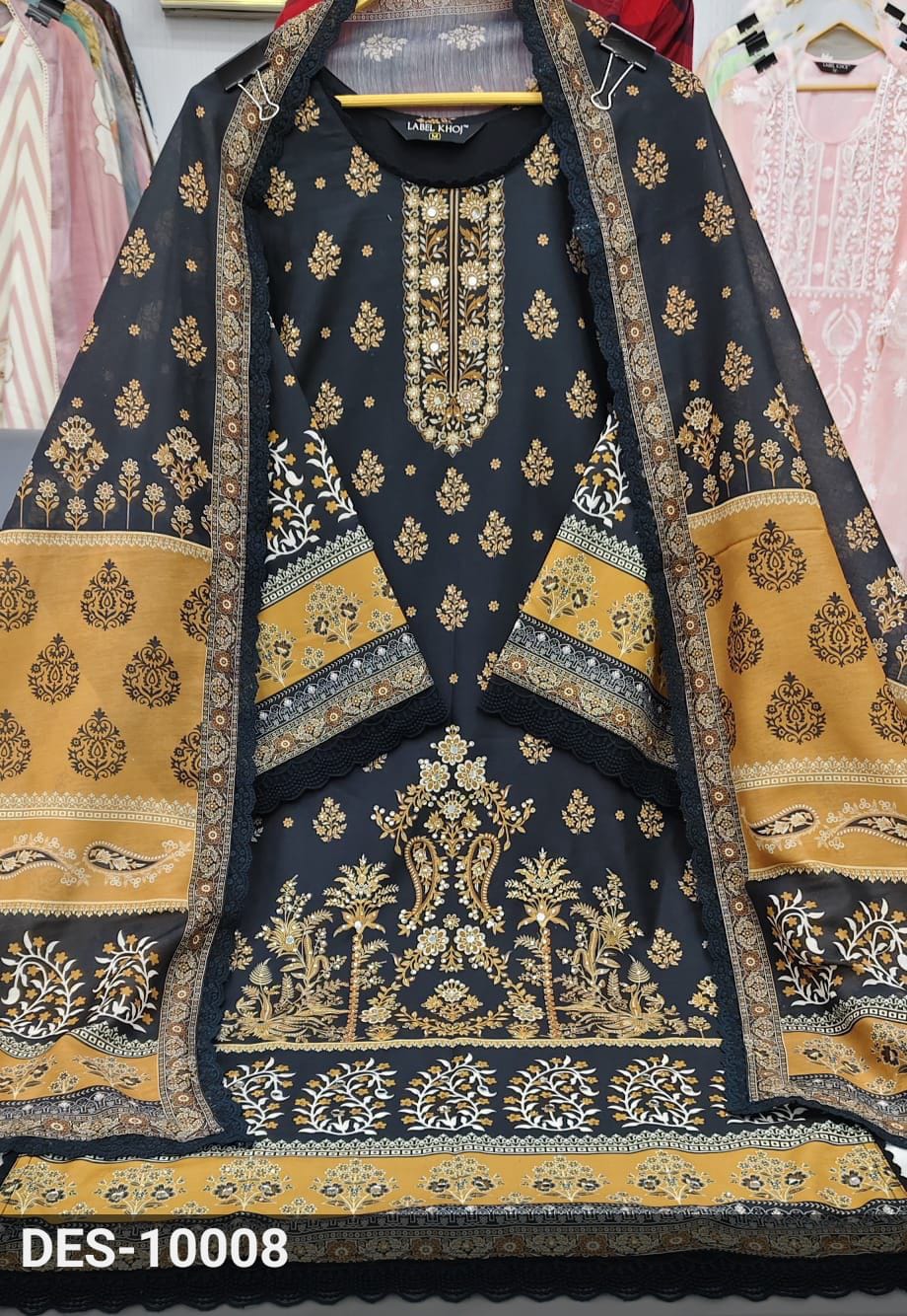 Label Khoj Women's London cotton print with mirror hand work Kurta with Pant and Dupatta