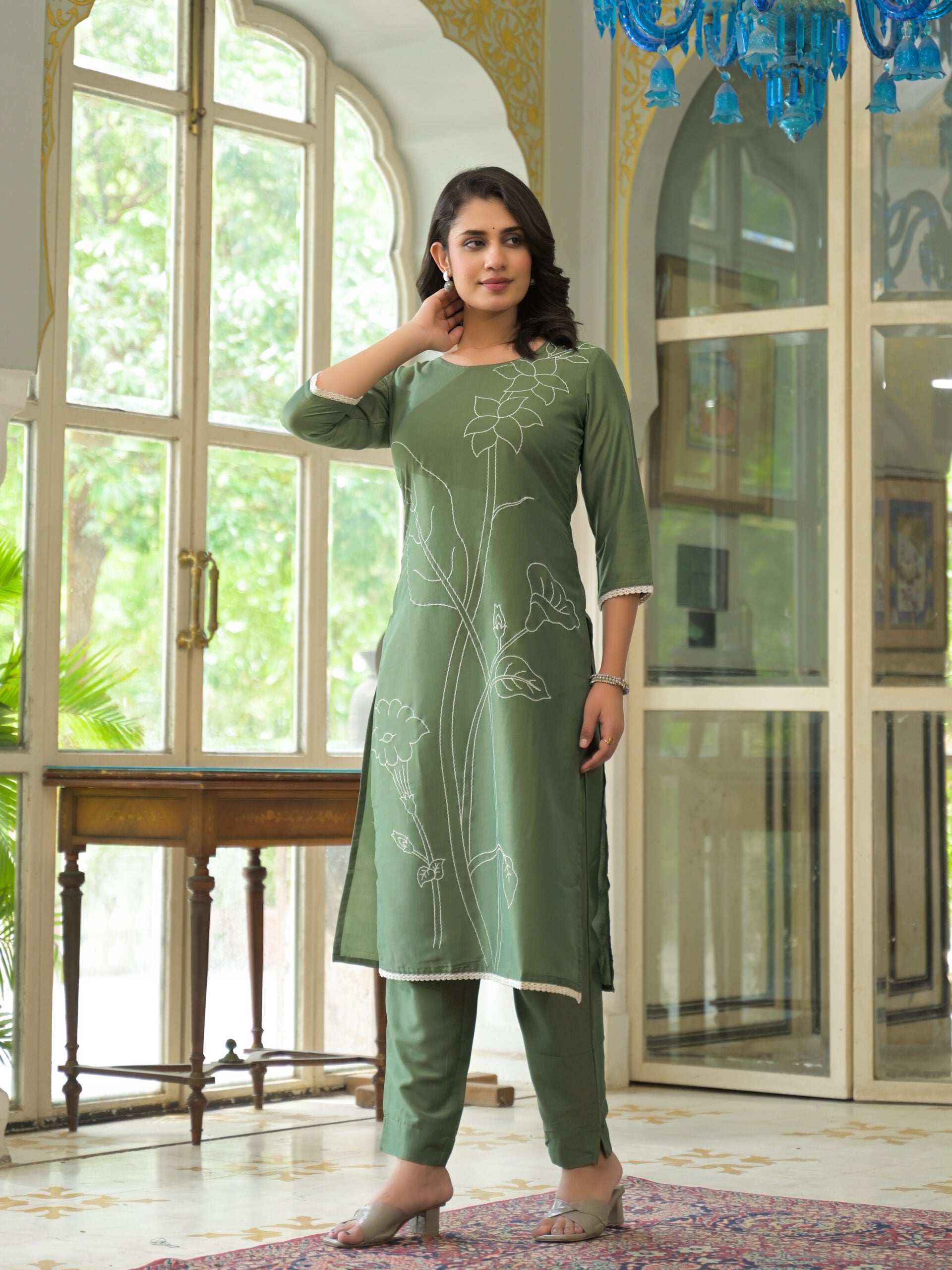 Label Khoj Women Chinon Silk Embroidery Work Kurta & Bottom Set