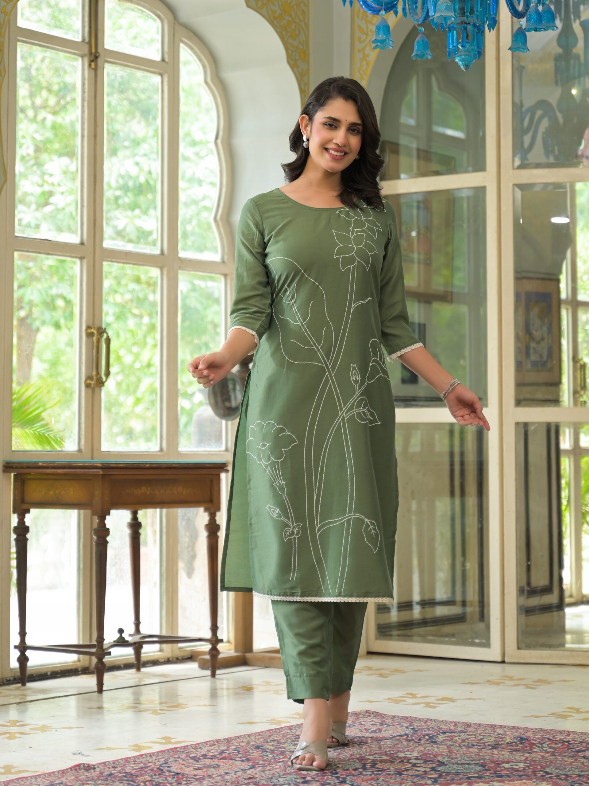 Label Khoj Women Chinon Silk Embroidery Work Kurta & Bottom Set