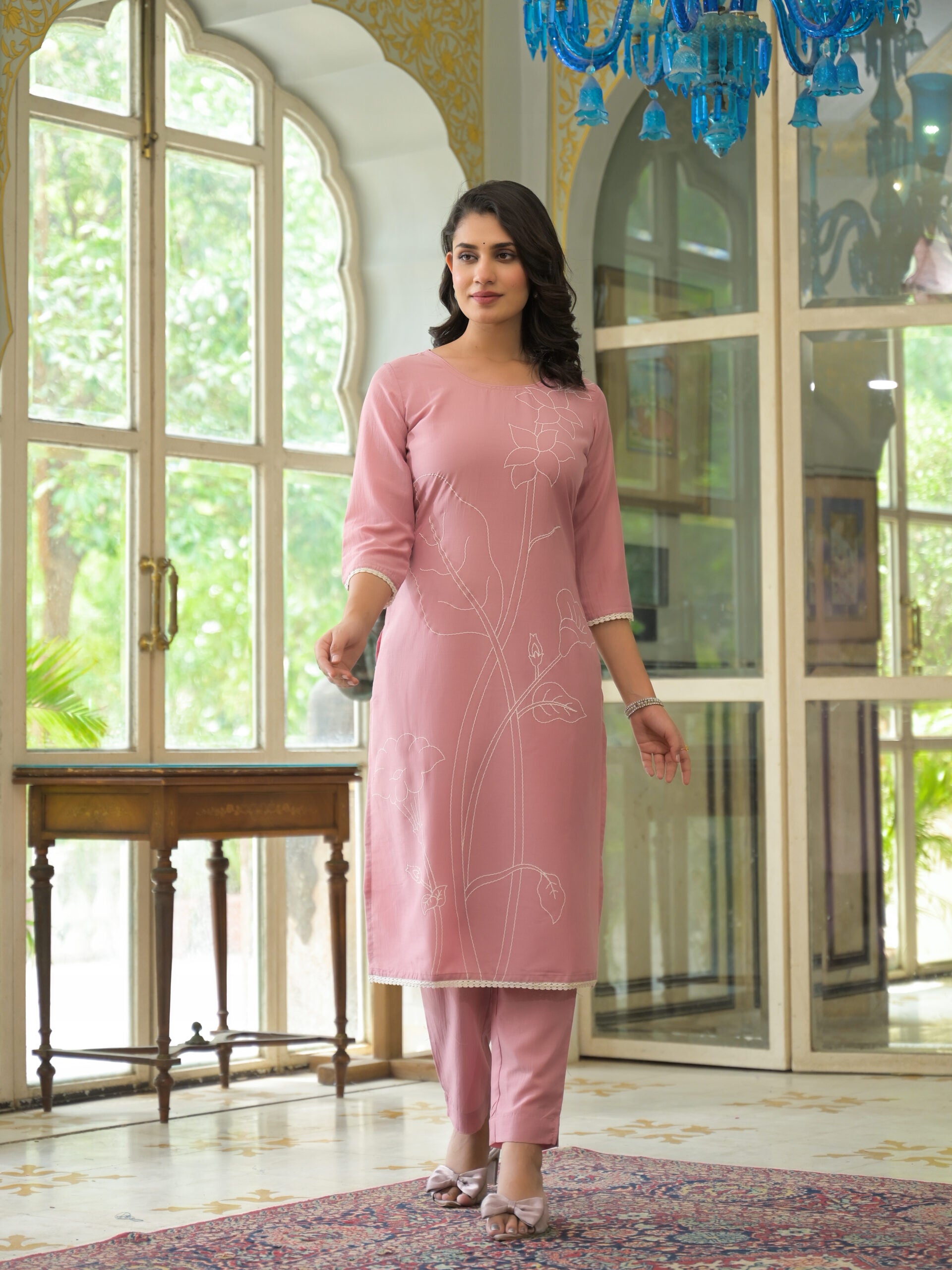 Label Khoj Women Chinon Silk Embroidery Work Kurta & Bottom Set