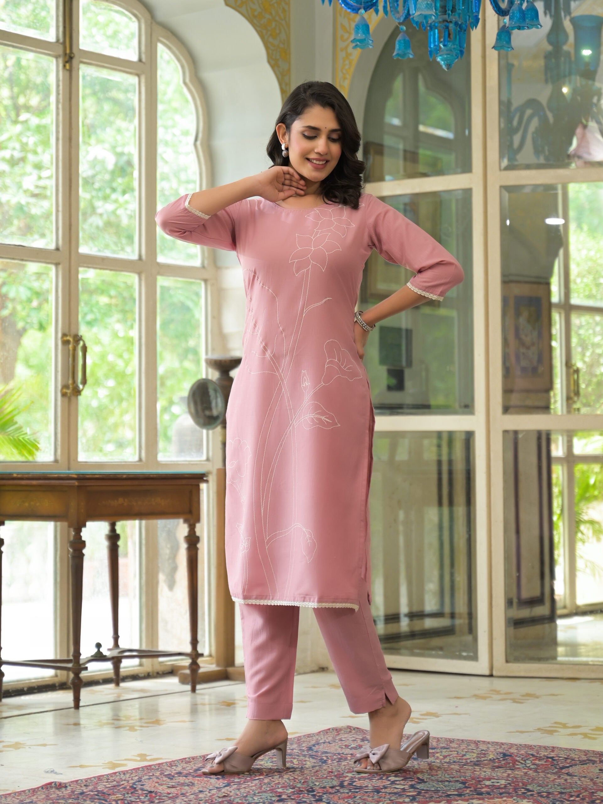 Label Khoj Women Chinon Silk Embroidery Work Kurta & Bottom Set