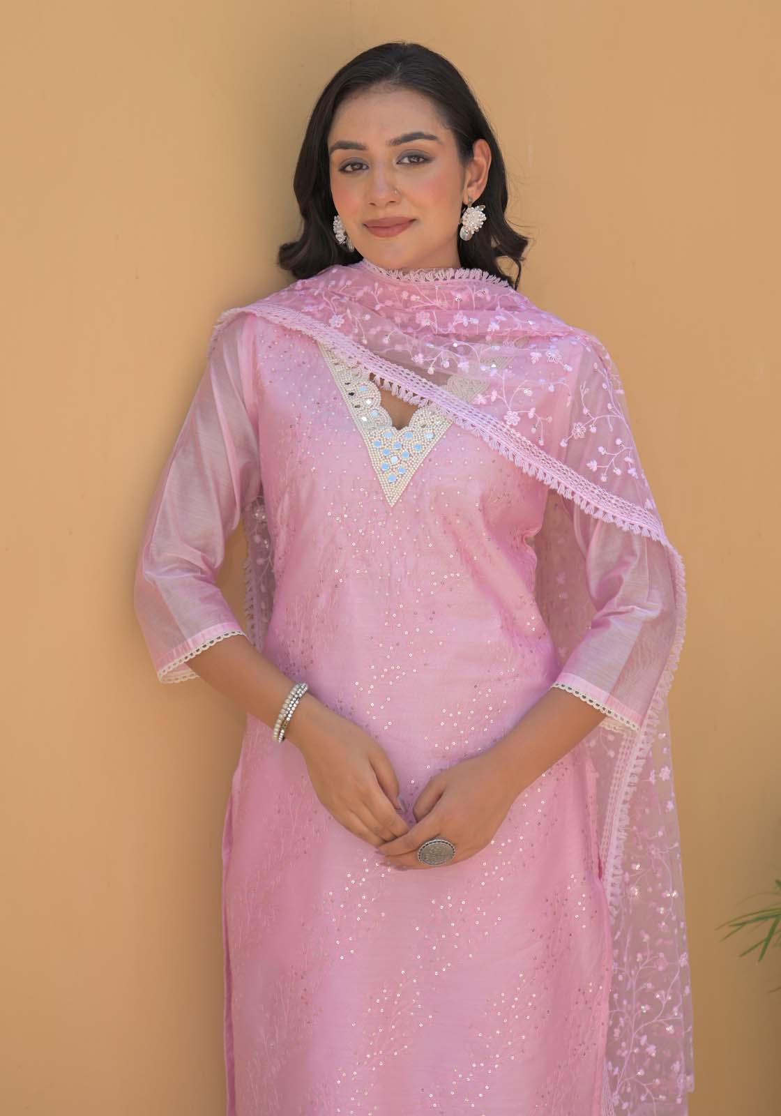Label Khoj Women Chanderi silk kurta, trouser and dupptta set