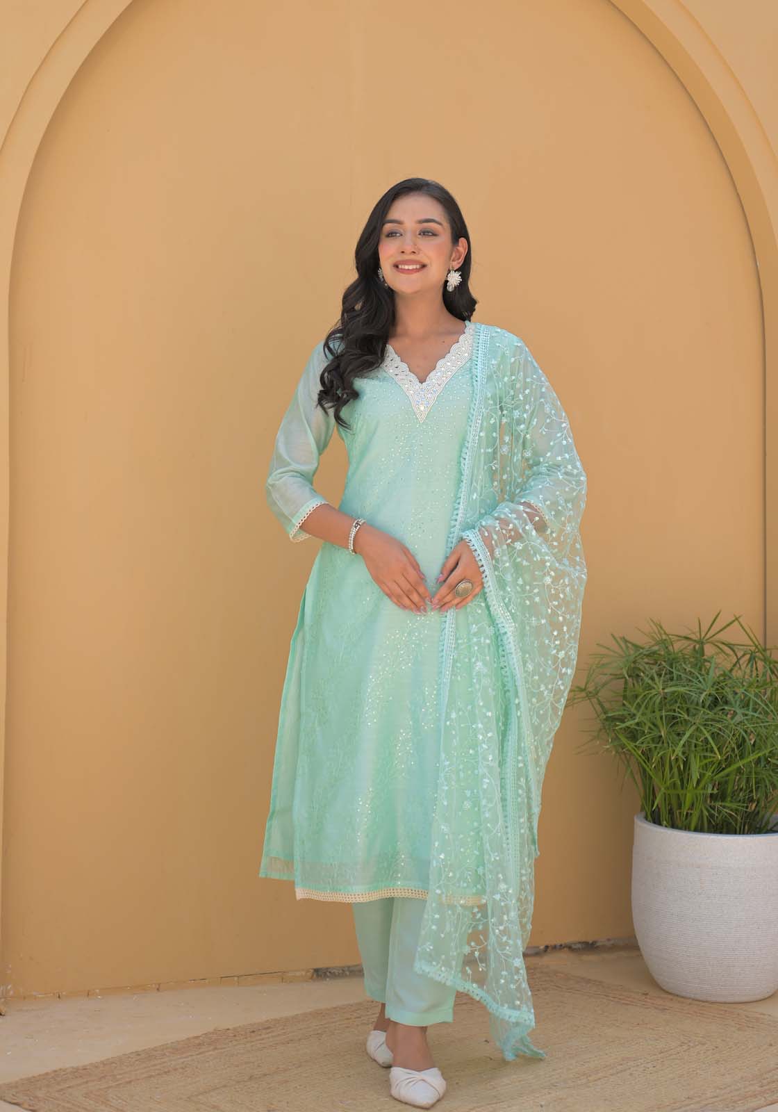Label Khoj Women Chanderi silk kurta, trouser and dupptta set