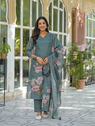 Label Khoj Women Lilen kurta, trouser and dupptta set
