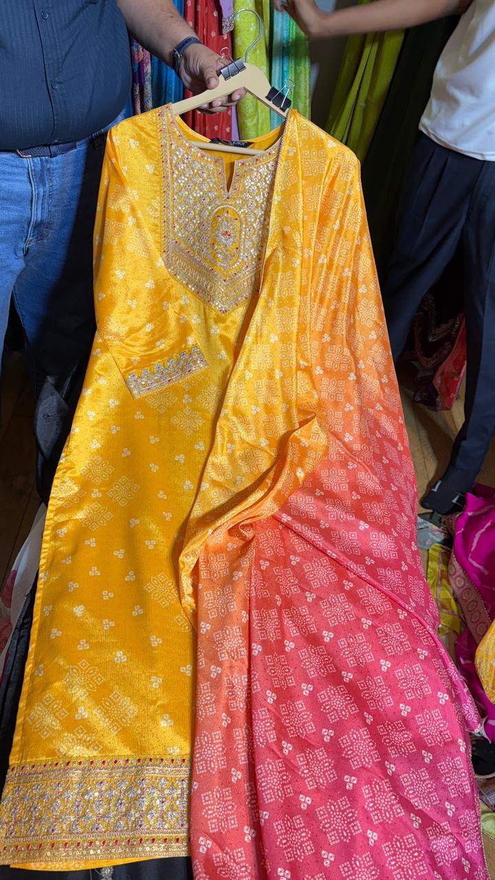 Label Khoj Women Chinon print kurta, trouser and dupptta set