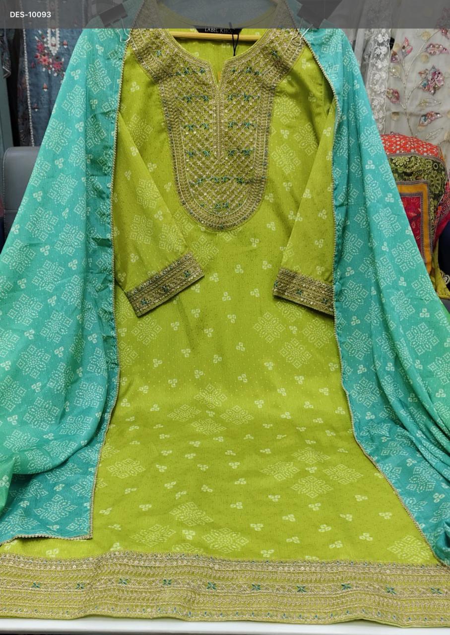 Label Khoj Women Chinon print kurta, trouser and dupptta set