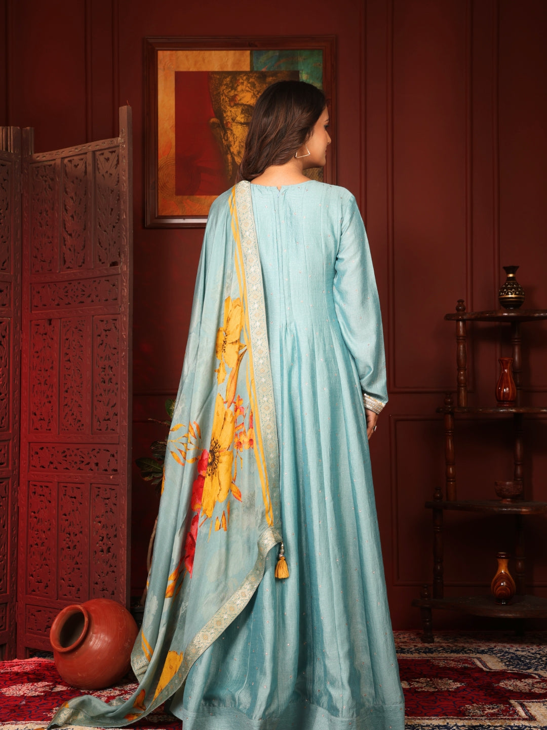 Label Khoj Women beads work Full length Anarkali with pure chinon dupatta