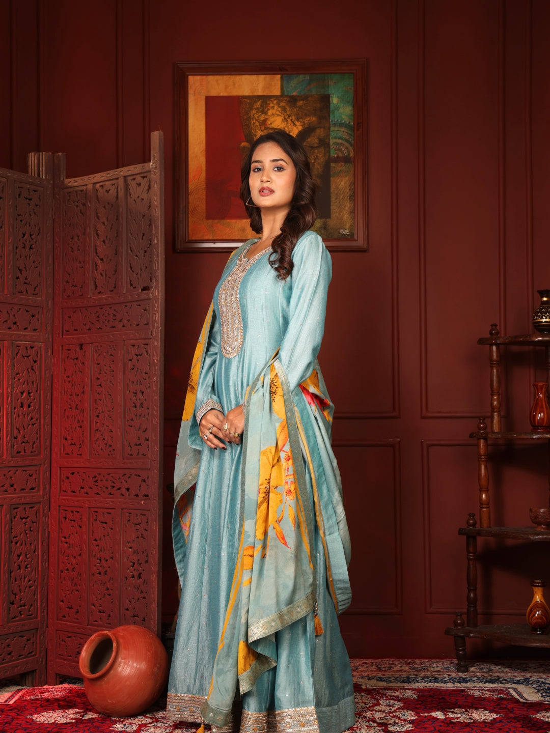 Label Khoj Women beads work Full length Anarkali with pure chinon dupatta