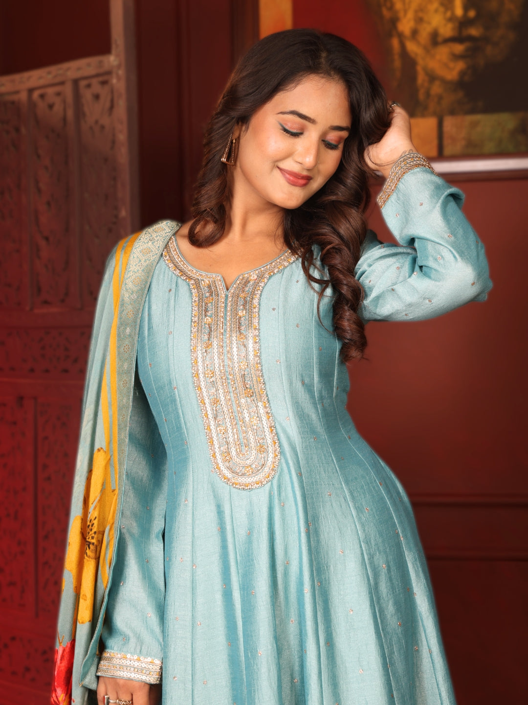 Label Khoj Women beads work Full length Anarkali with pure chinon dupatta