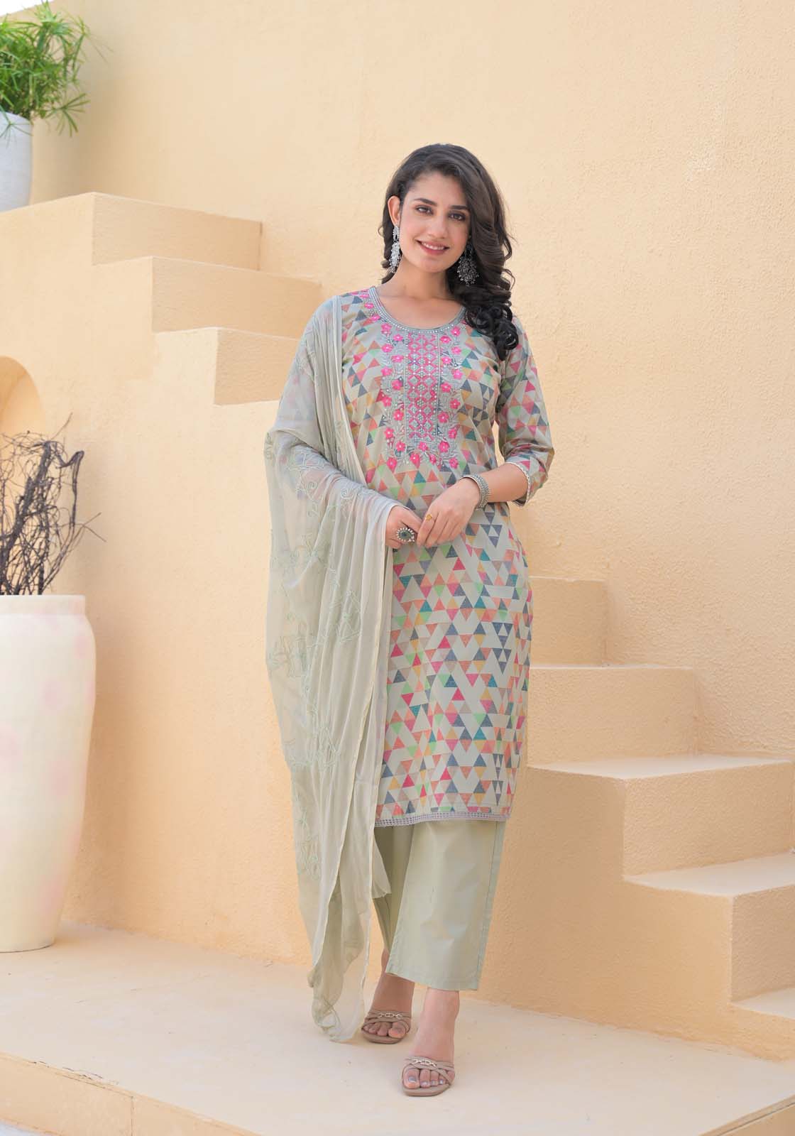 Label Khoj Women cotton kurta, trouser and dupptta set