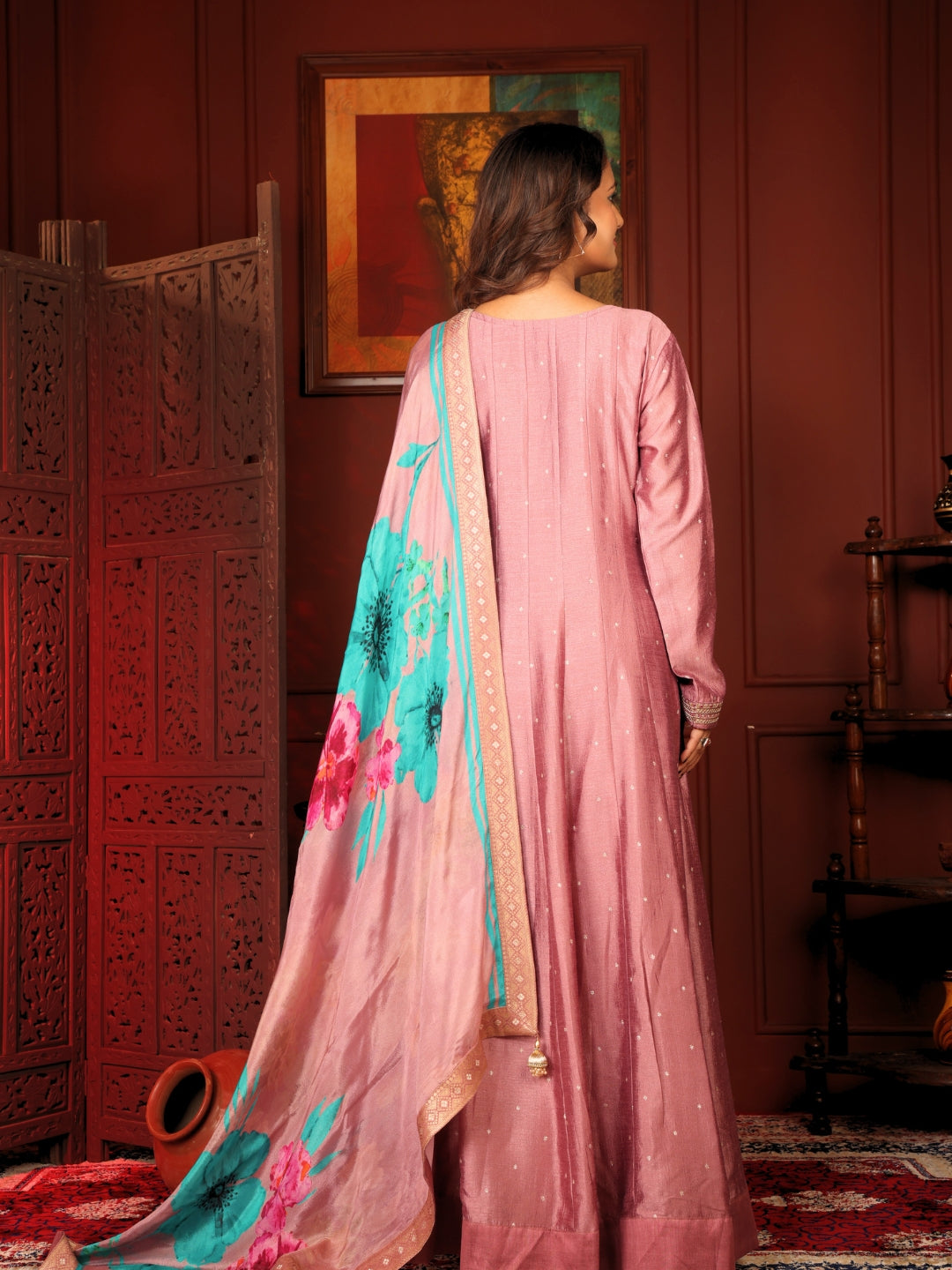 Label Khoj Women beads work Full length Anarkali with pure chinon dupatta