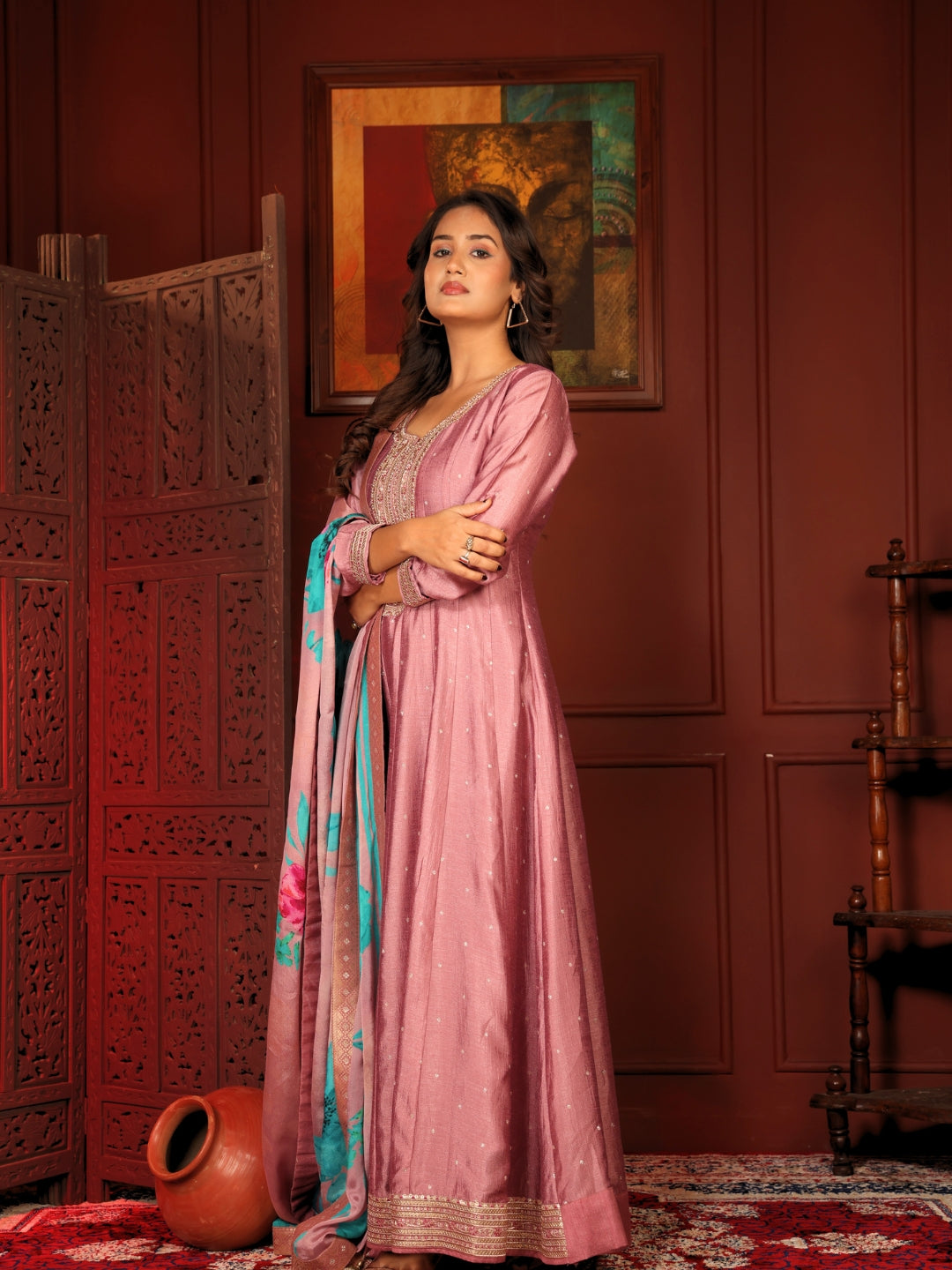Label Khoj Women beads work Full length Anarkali with pure chinon dupatta