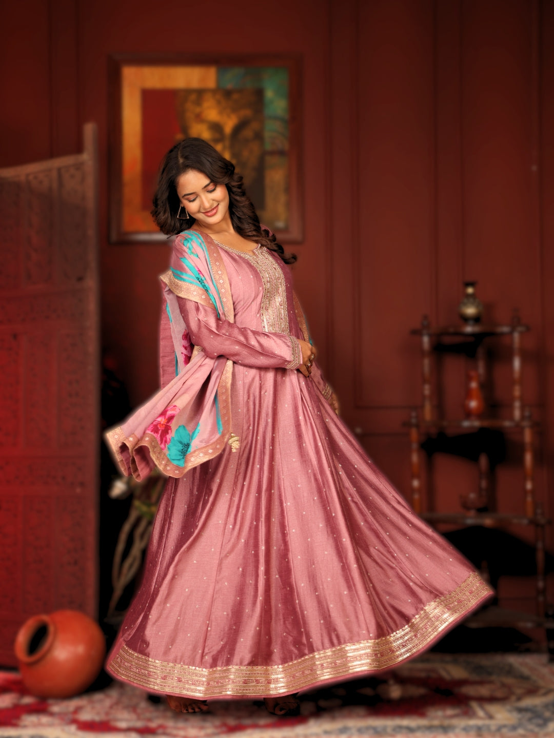 Label Khoj Women beads work Full length Anarkali with pure chinon dupatta