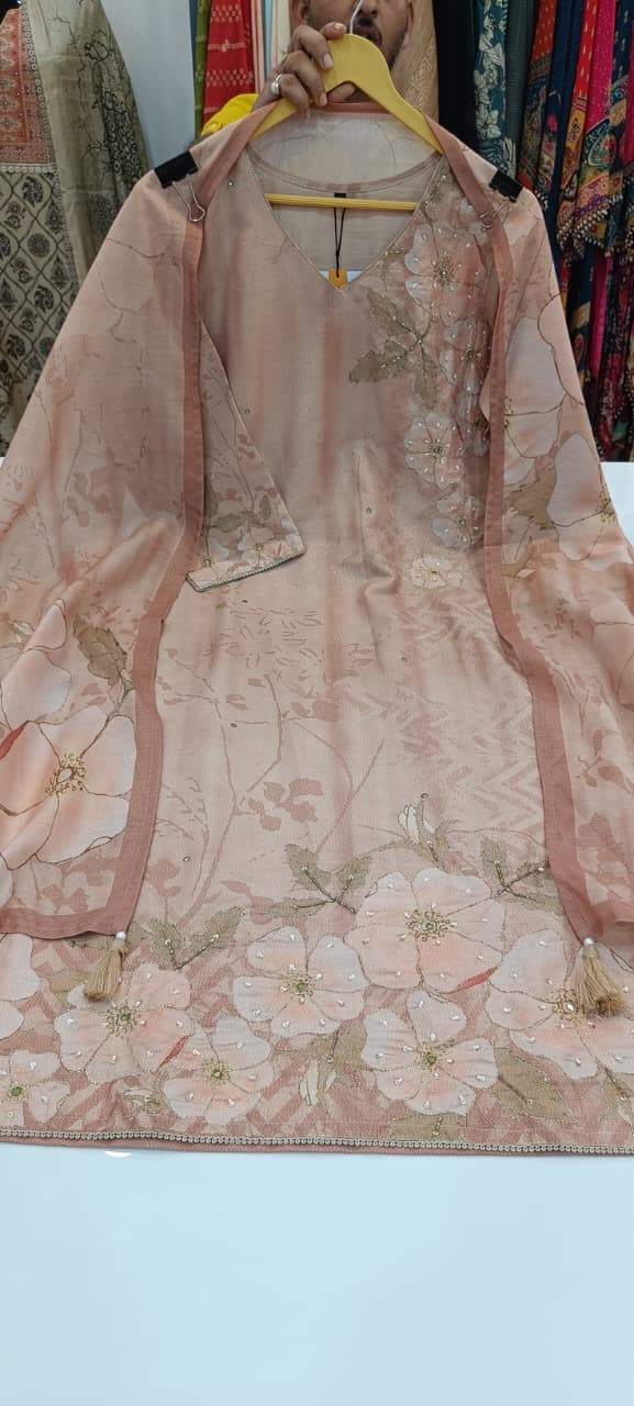 Label khoj Maslin shimmer kurta , trouser and dupptta set