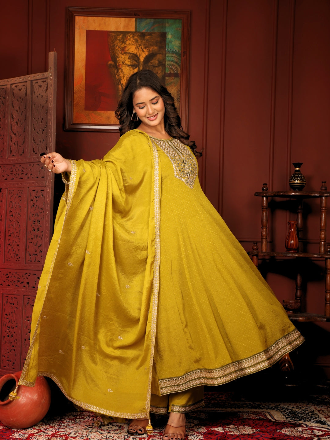 Label khoj Chinon butti Anarkali kurta With Pant and Dupatta Set