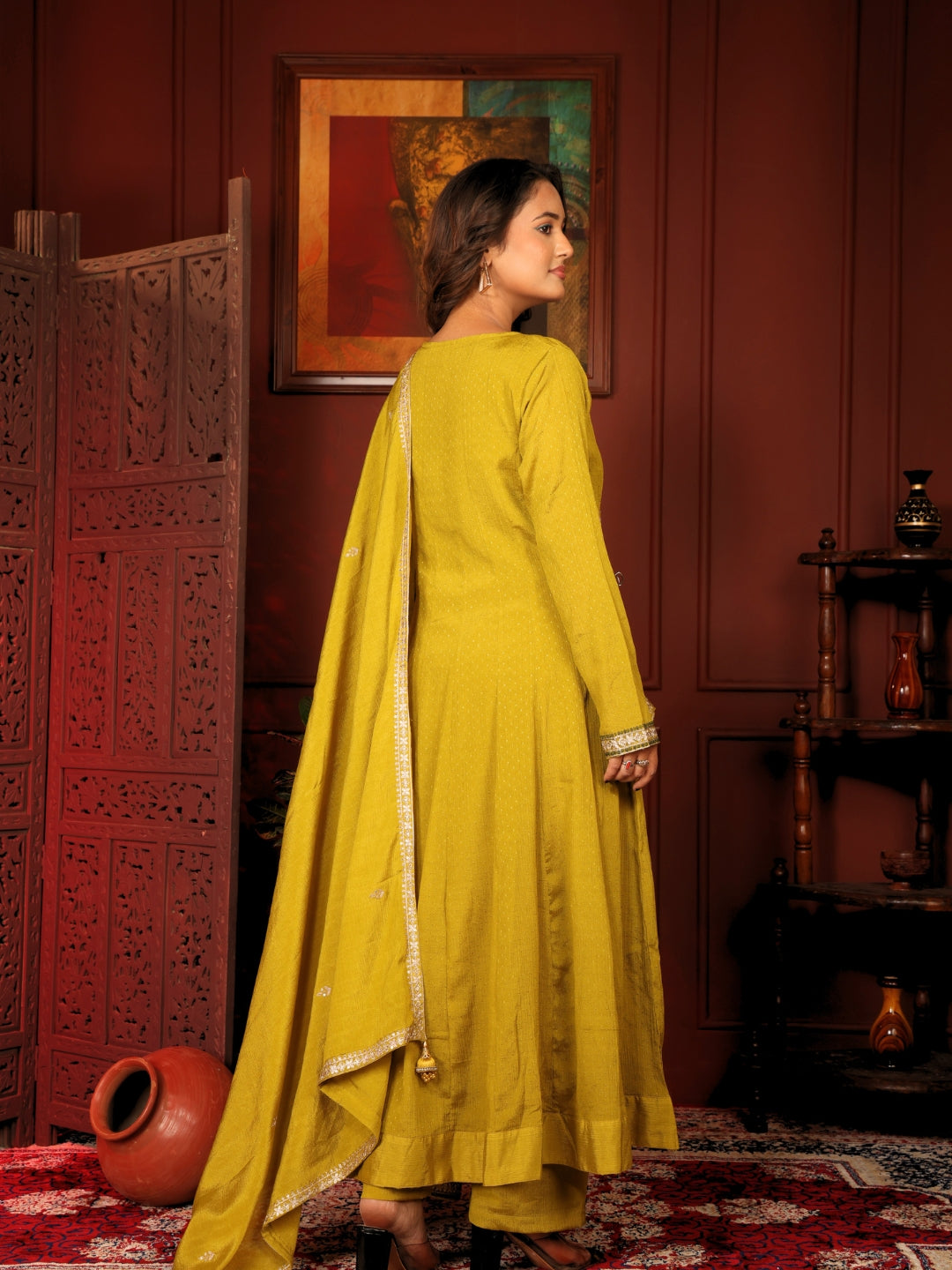 Label khoj Chinon butti Anarkali kurta With Pant and Dupatta Set