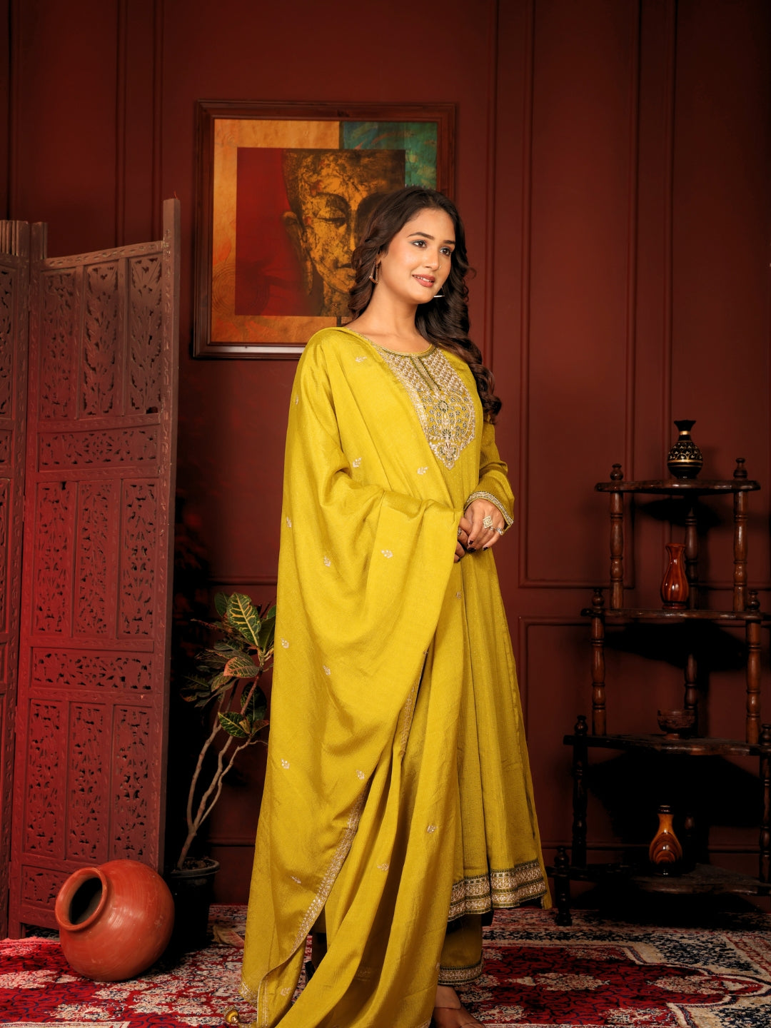 Label khoj Chinon butti Anarkali kurta With Pant and Dupatta Set
