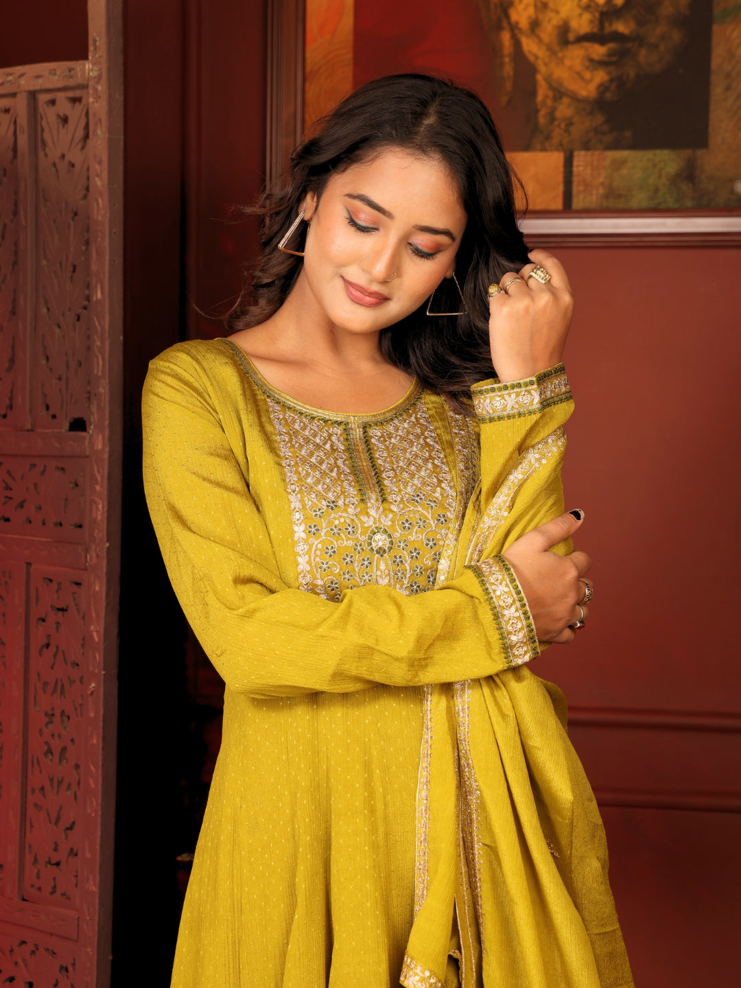 Label khoj Chinon butti Anarkali kurta With Pant and Dupatta Set