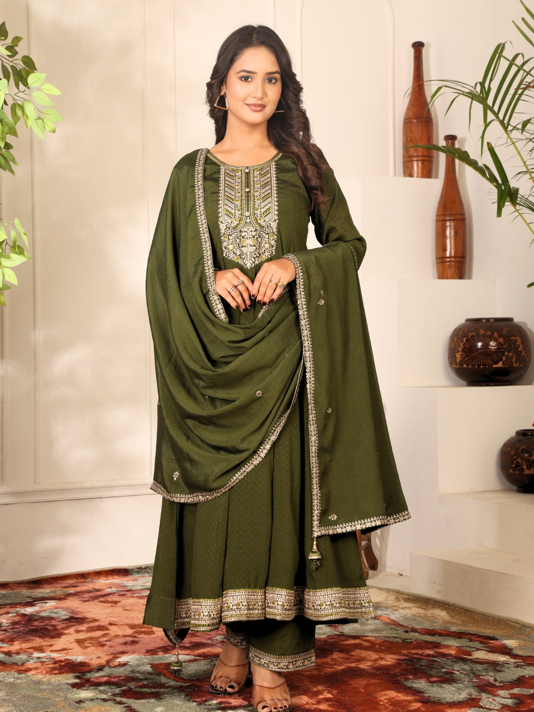 Label khoj Chinon butti Anarkali kurta With Pant and Dupatta Set