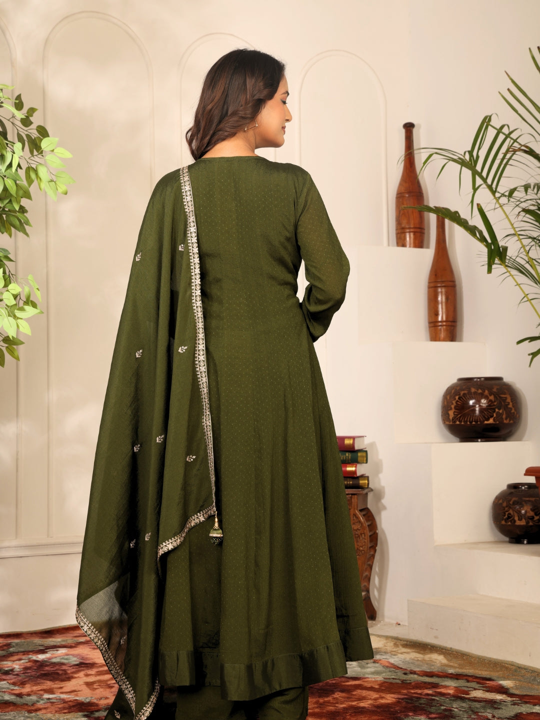 Label khoj Chinon butti Anarkali kurta With Pant and Dupatta Set