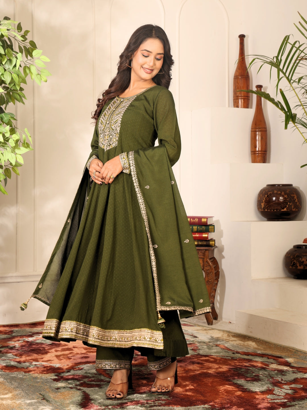 Label khoj Chinon butti Anarkali kurta With Pant and Dupatta Set